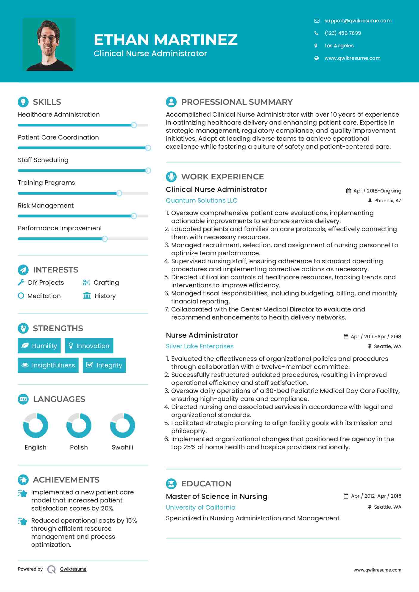 Clinical Nurse Administrator Resume Model