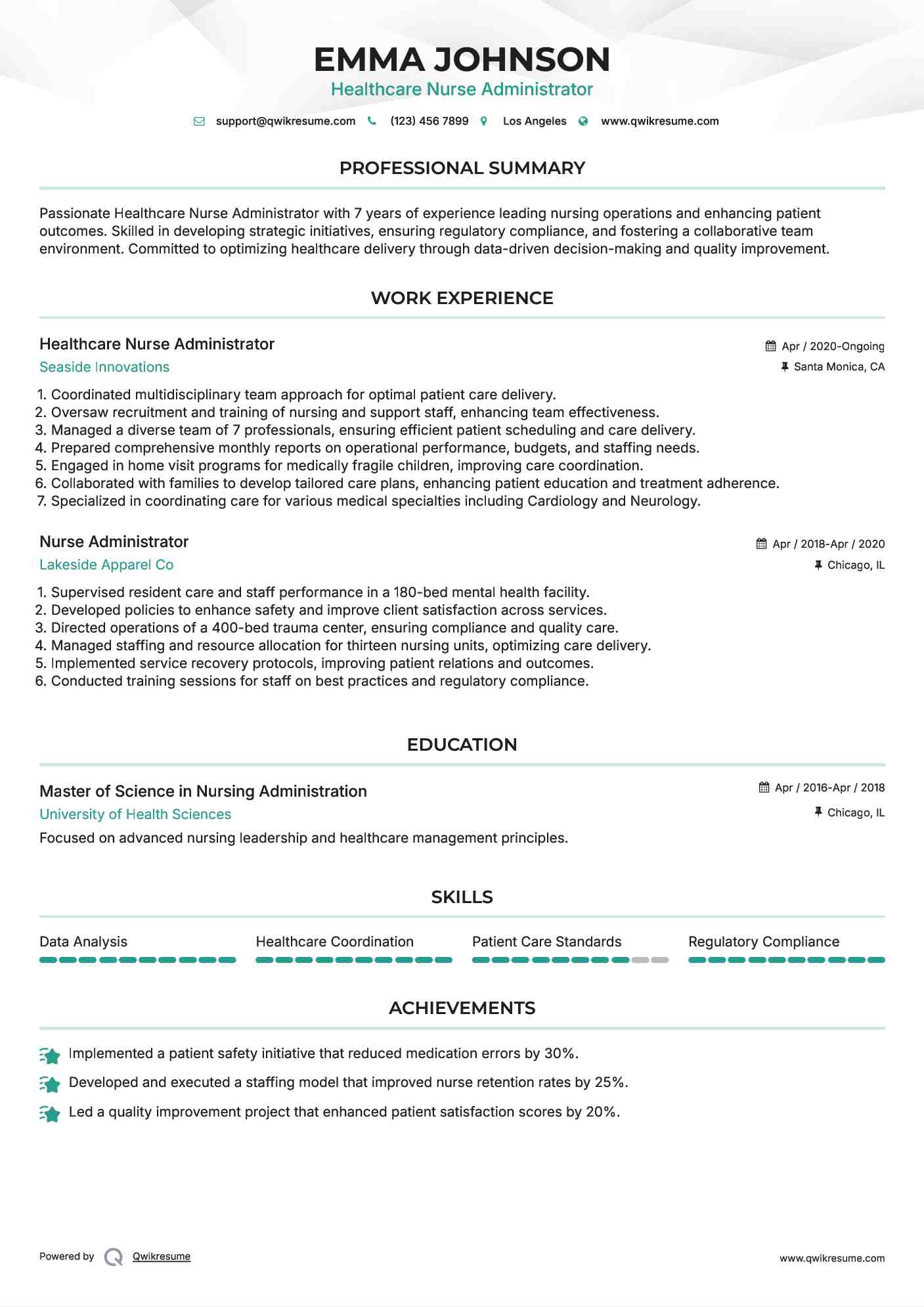 Healthcare Nurse Administrator Resume Format