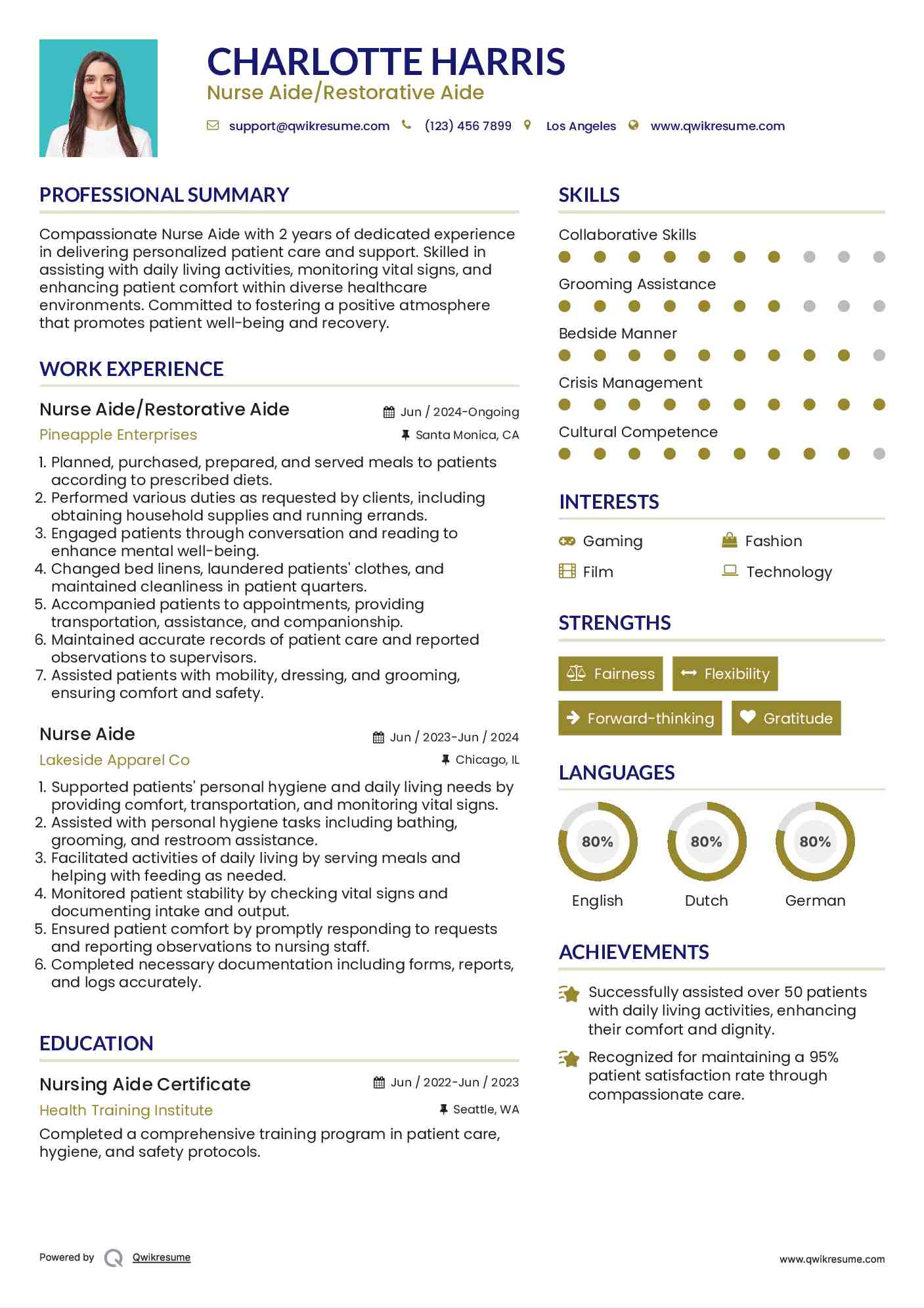 Nurse Aide/Restorative Aide Resume Example