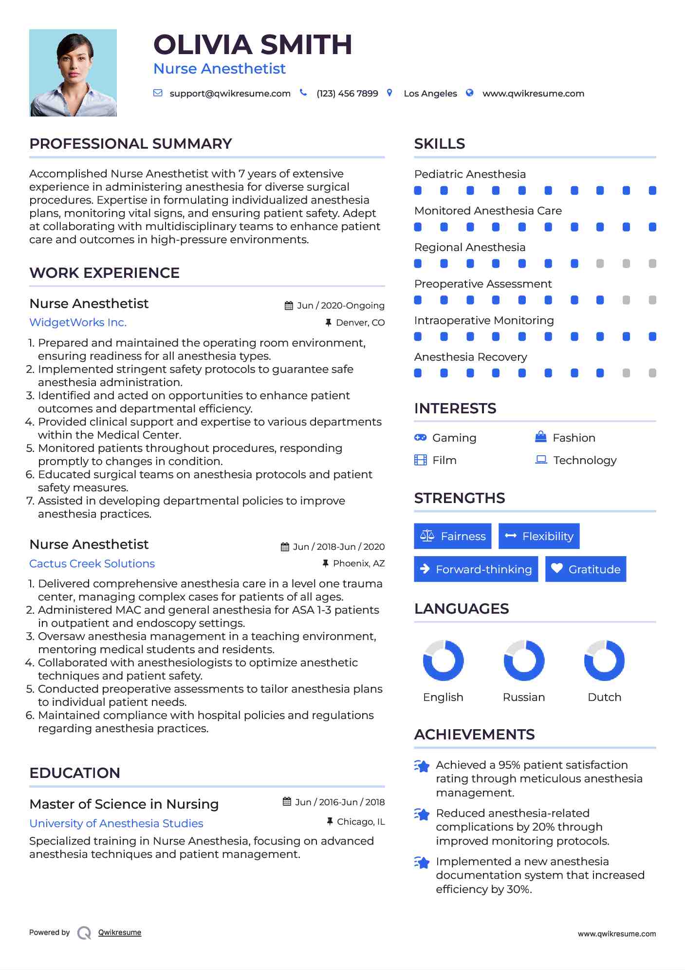 Nurse Anesthetist Resume Example