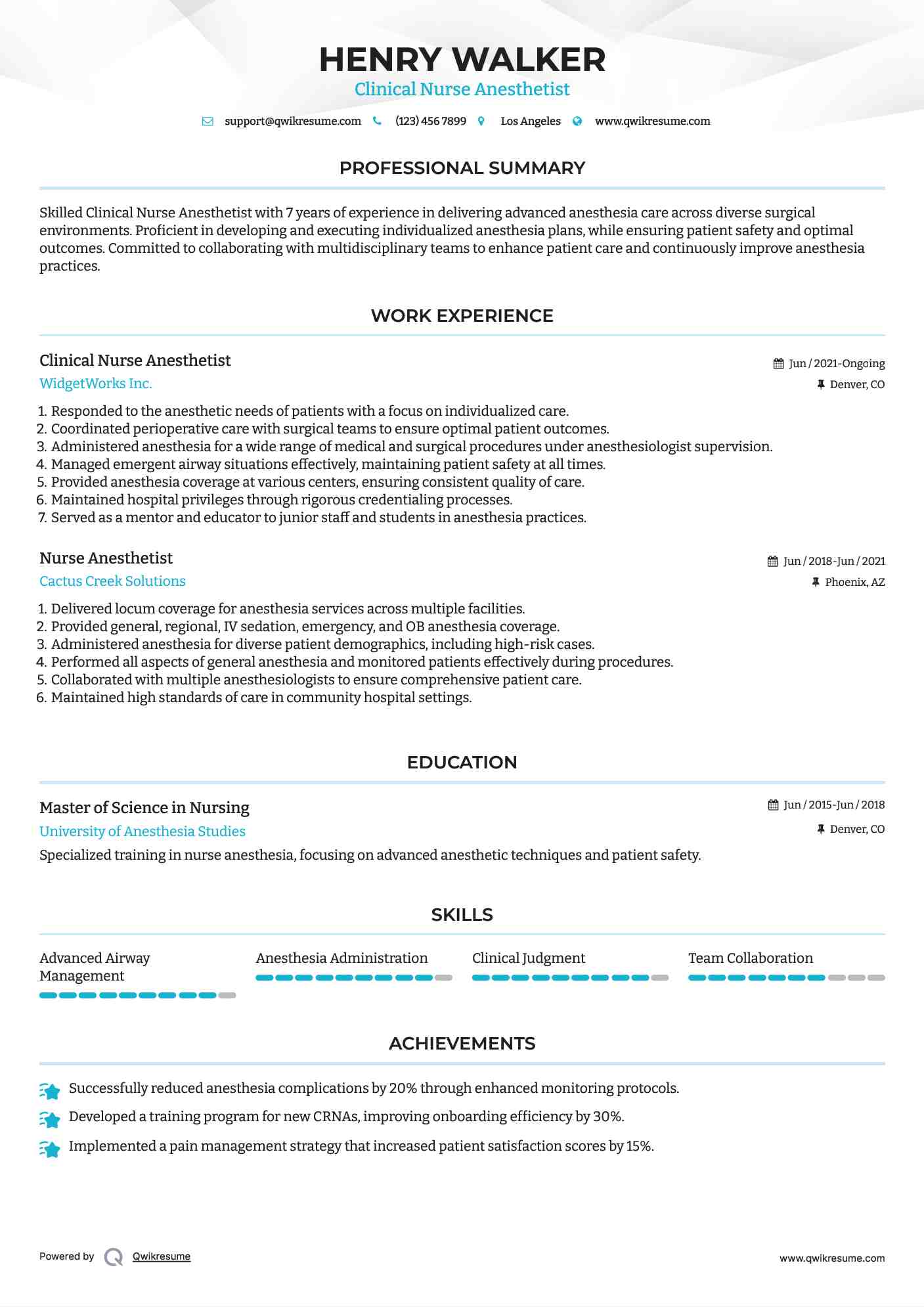 Clinical Nurse Anesthetist Resume Template