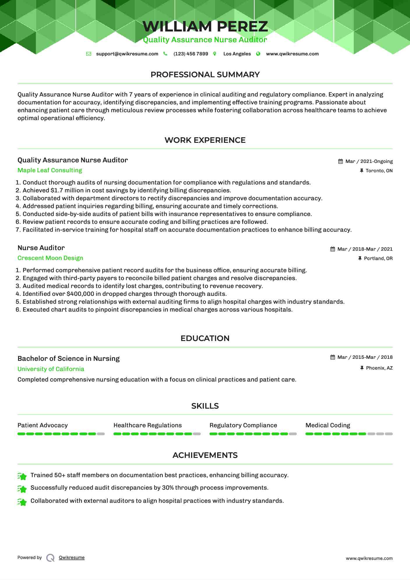 Quality Assurance Nurse Auditor Resume Example