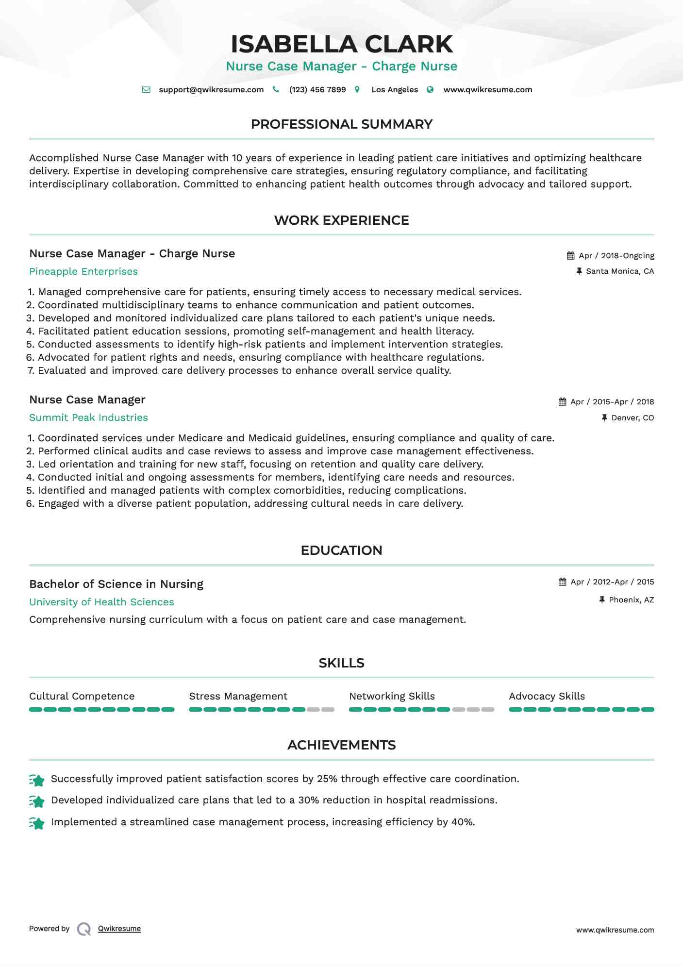 Nurse Case Manager - Charge Nurse Resume Sample