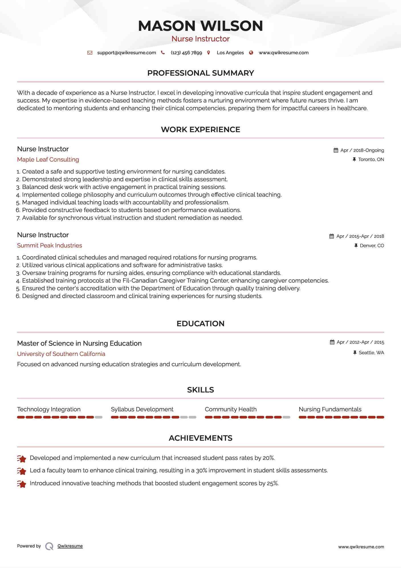 Nurse Instructor Resume Model