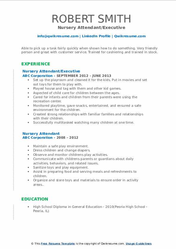 Nursery Attendant Resume Samples QwikResume