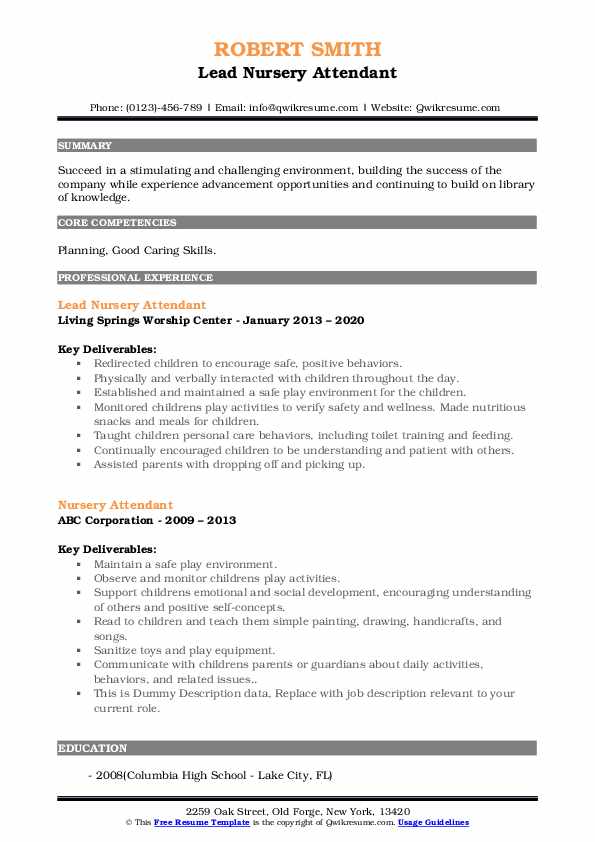 Nursery Attendant Resume Samples QwikResume