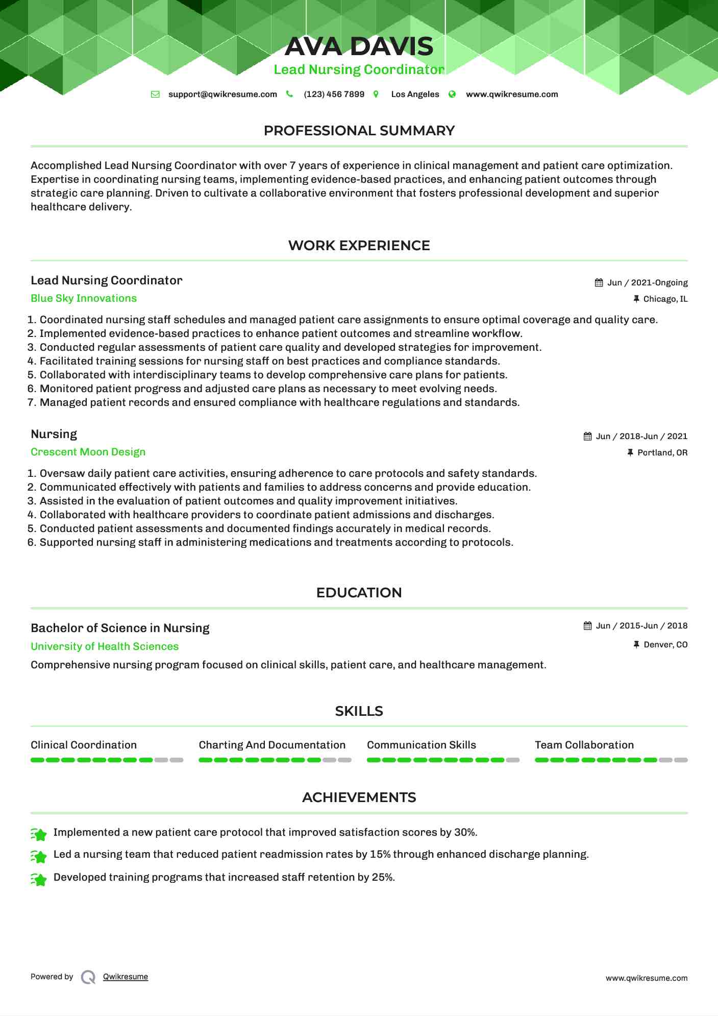 Lead Nursing Coordinator Resume Sample