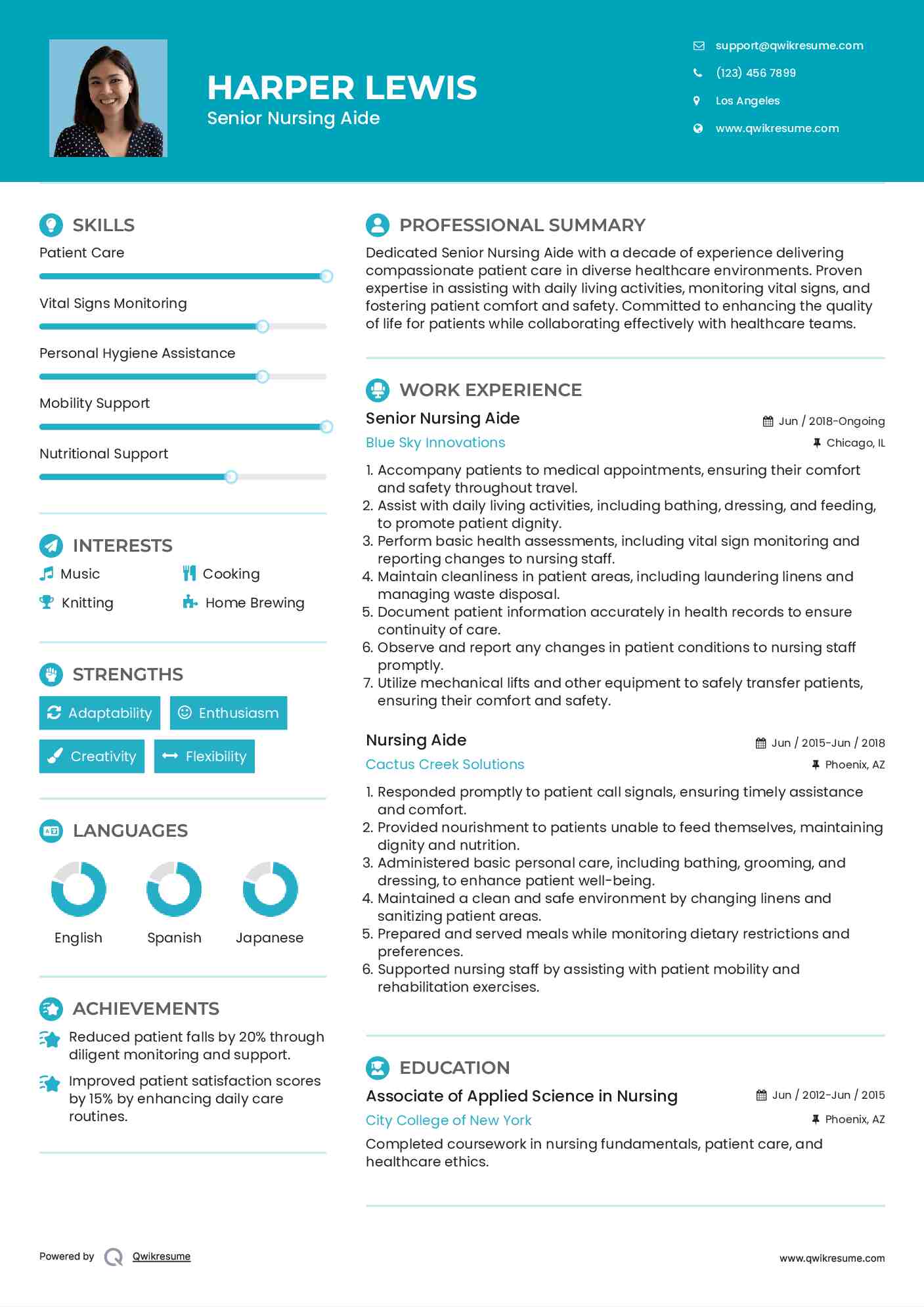 Senior Nursing Aide Resume Sample