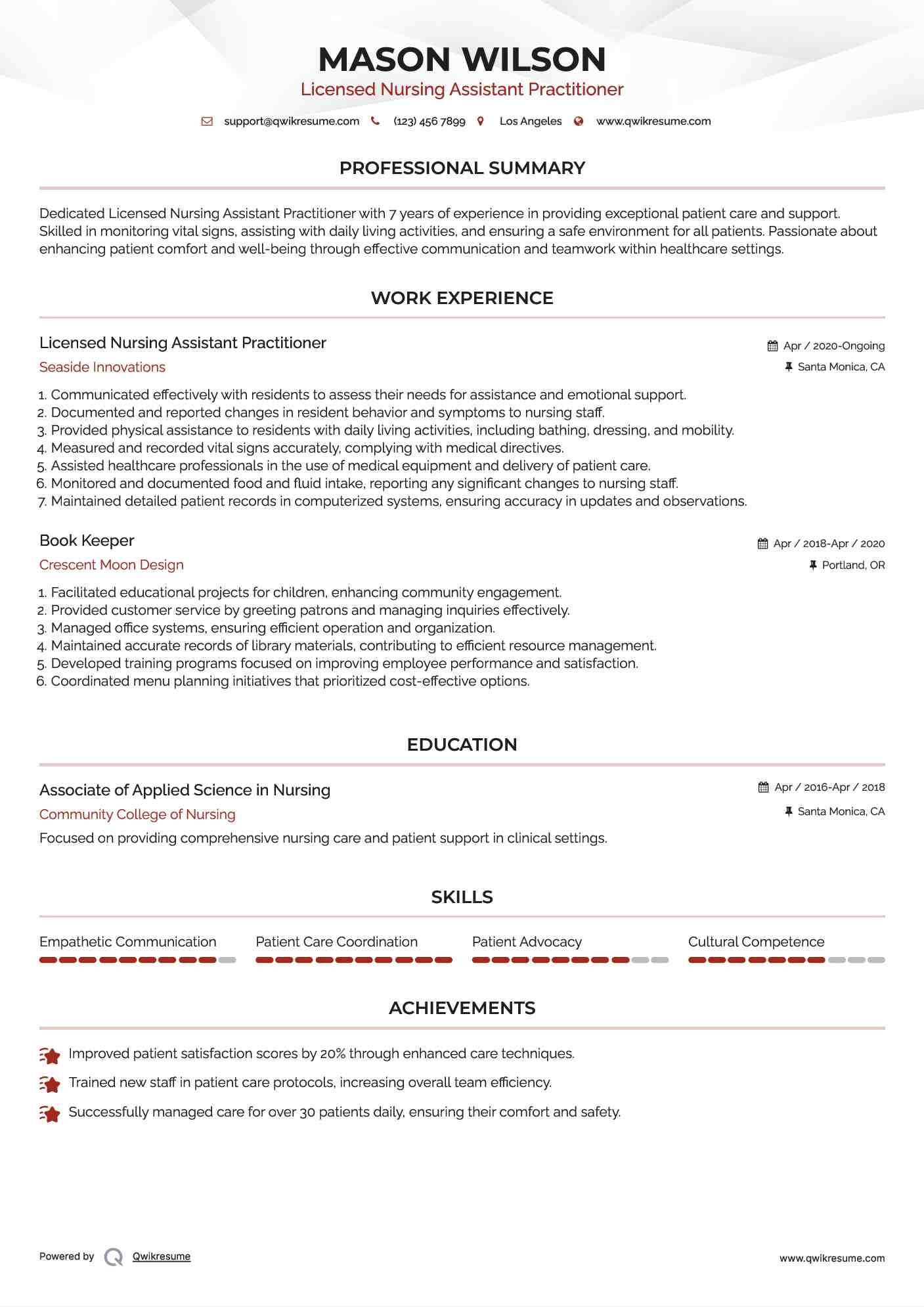 Licensed Nursing Assistant Practitioner Resume Sample