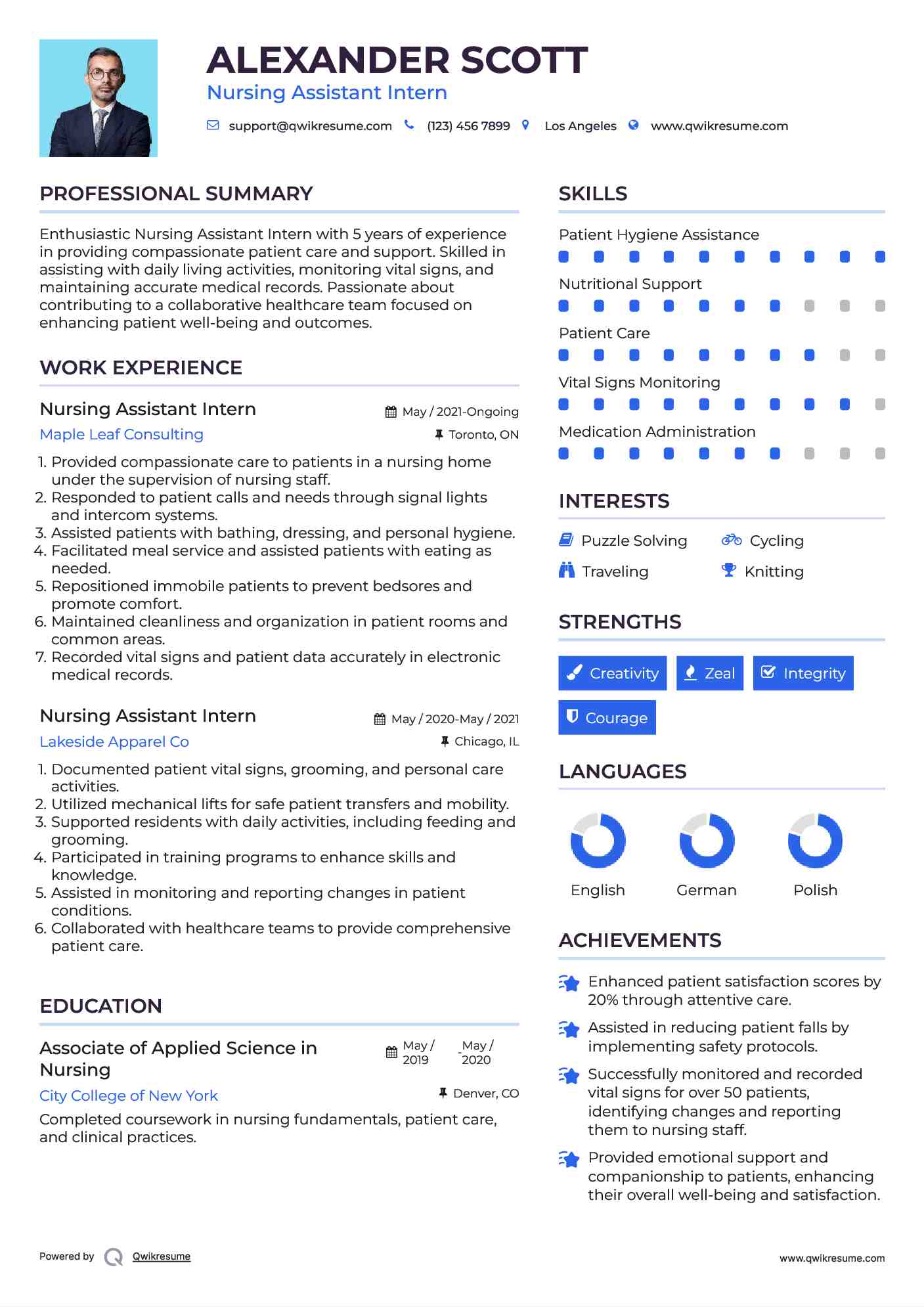 Nursing Assistant Intern Resume Example