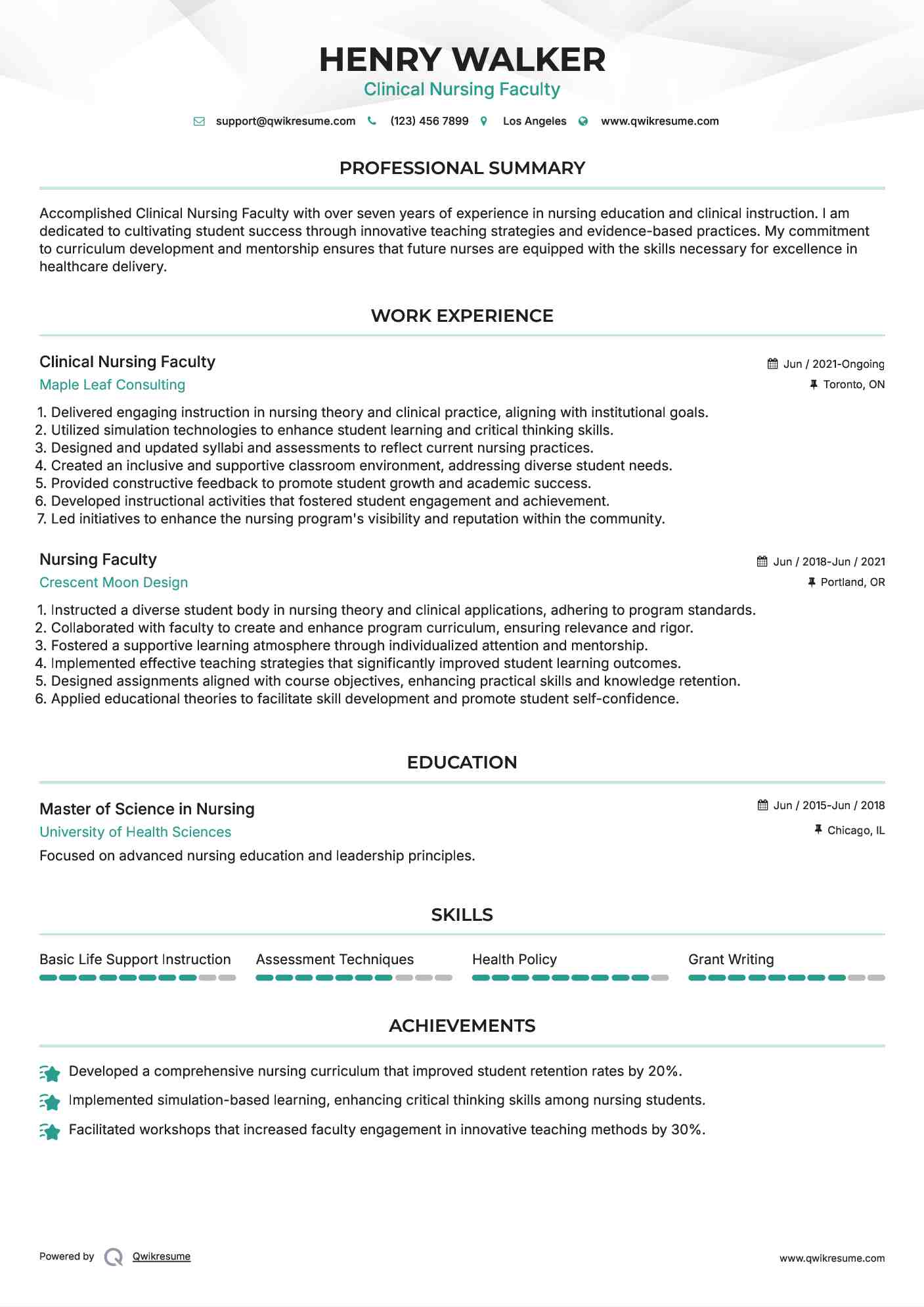 Clinical Nursing Faculty Resume Template