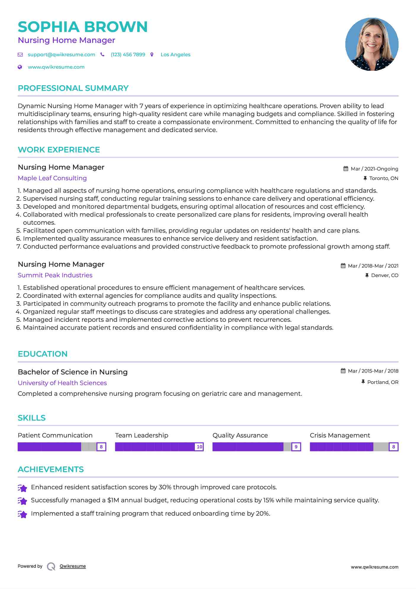 Nursing Home Manager Resume Example