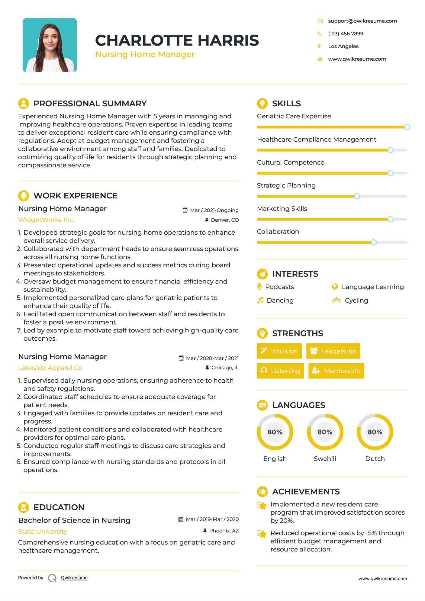 Nursing Home Manager Resume Example