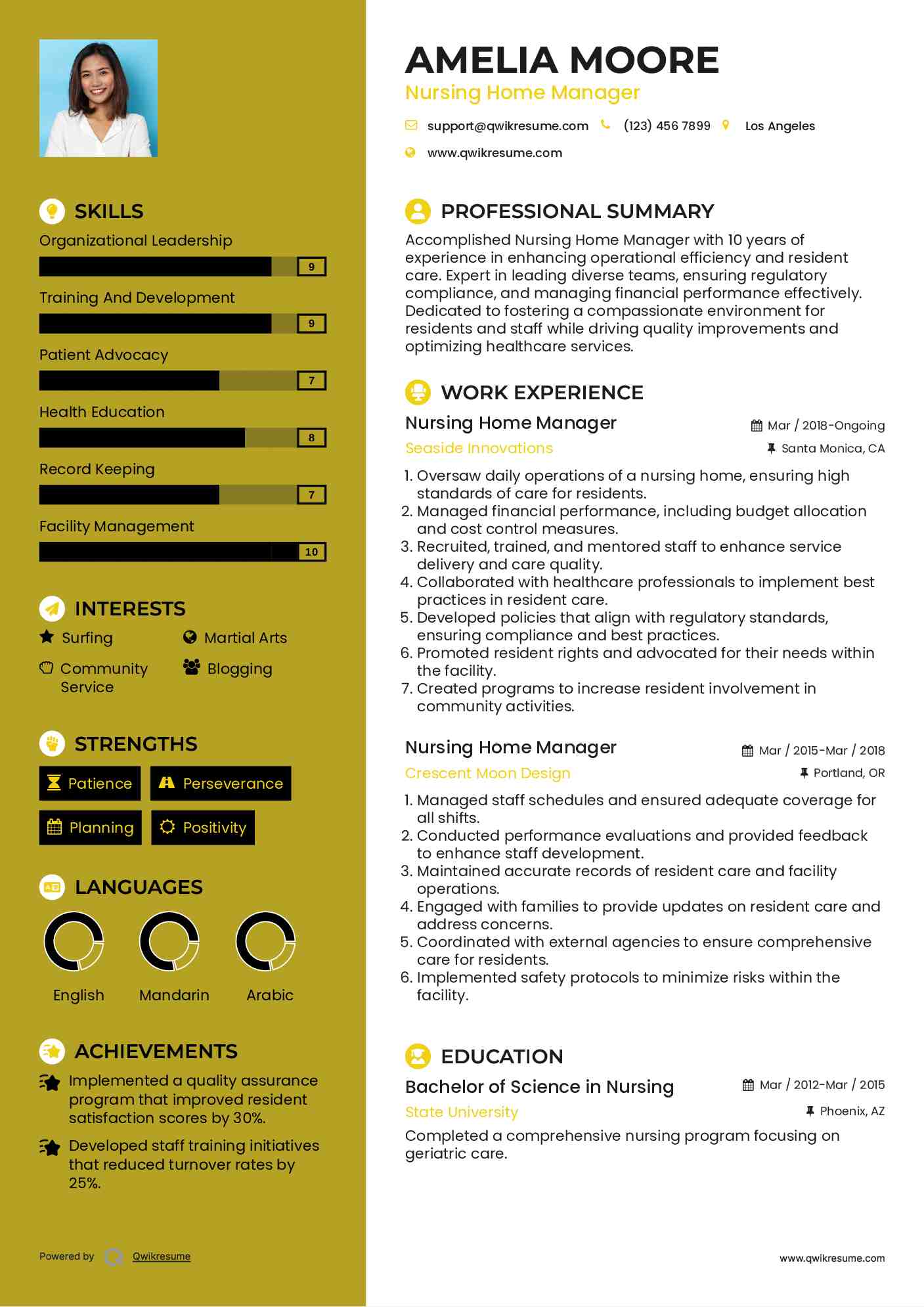 Nursing Home Manager Resume Sample