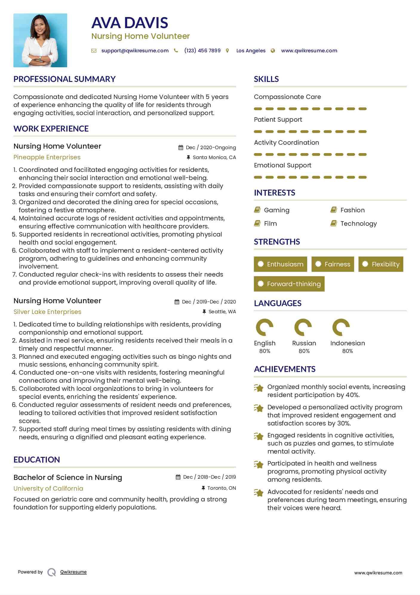Nursing Home Volunteer Resume Sample