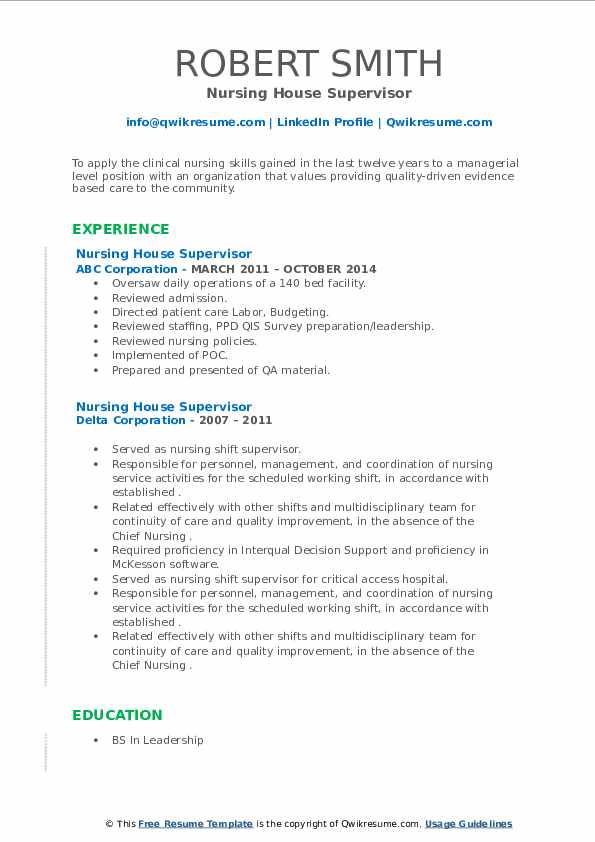Nursing House Supervisor Resume Samples QwikResume