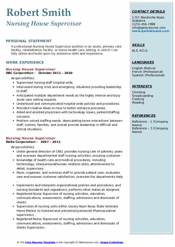 Nursing House Supervisor Resume Samples QwikResume