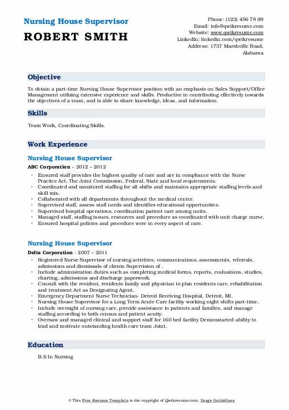 Nursing House Supervisor Resume Samples QwikResume