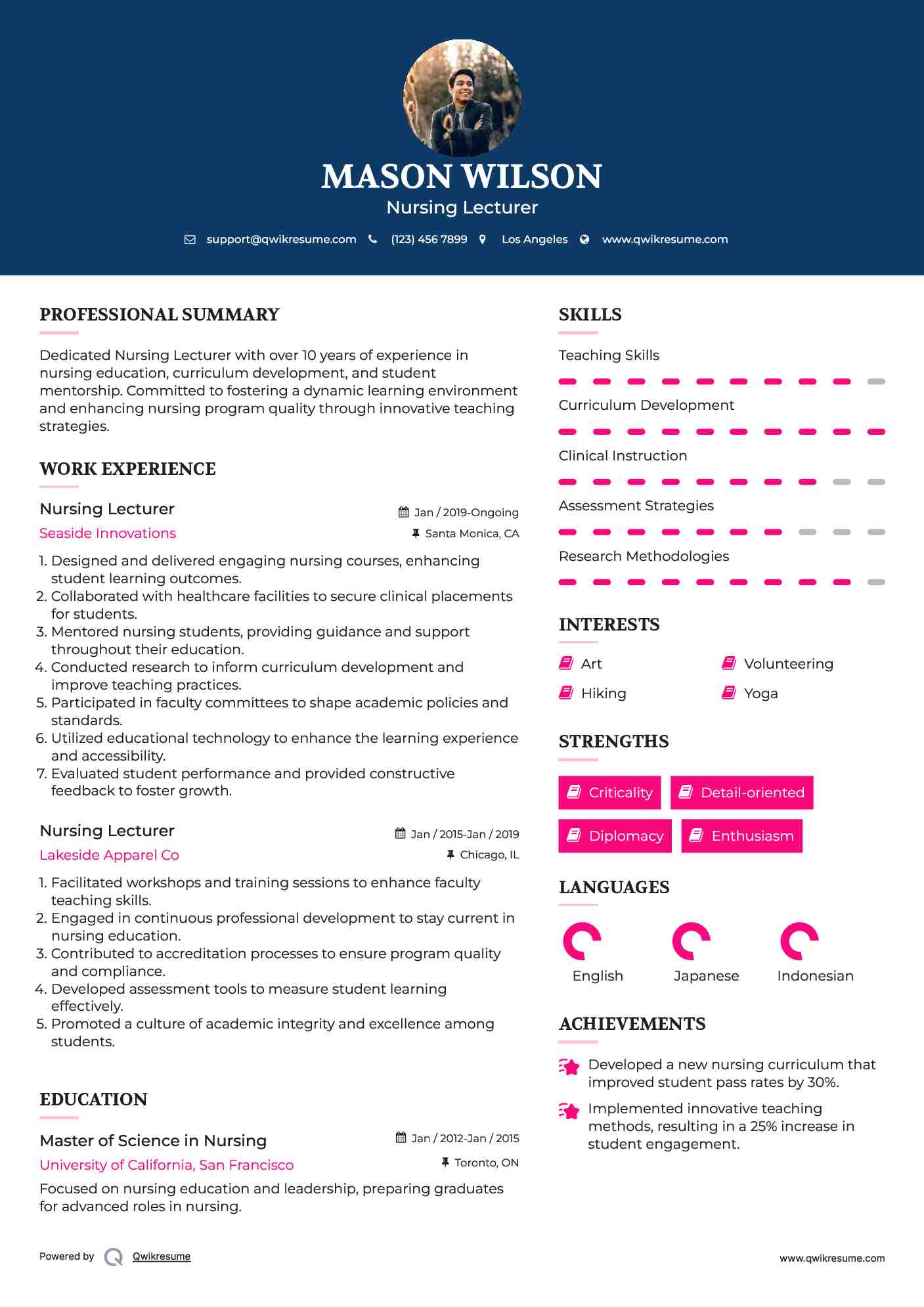 Nursing Lecturer Resume Example