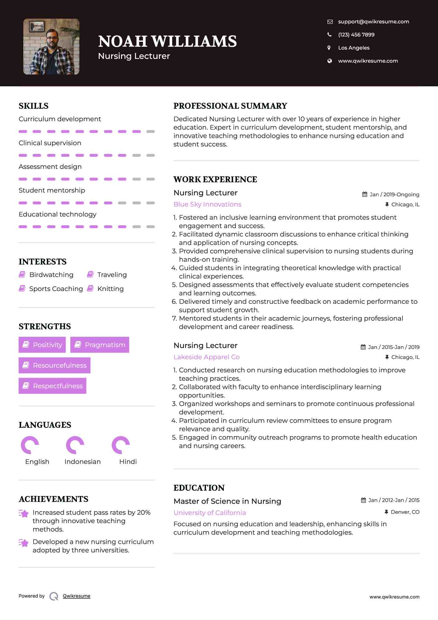 Nursing Lecturer Resume Example