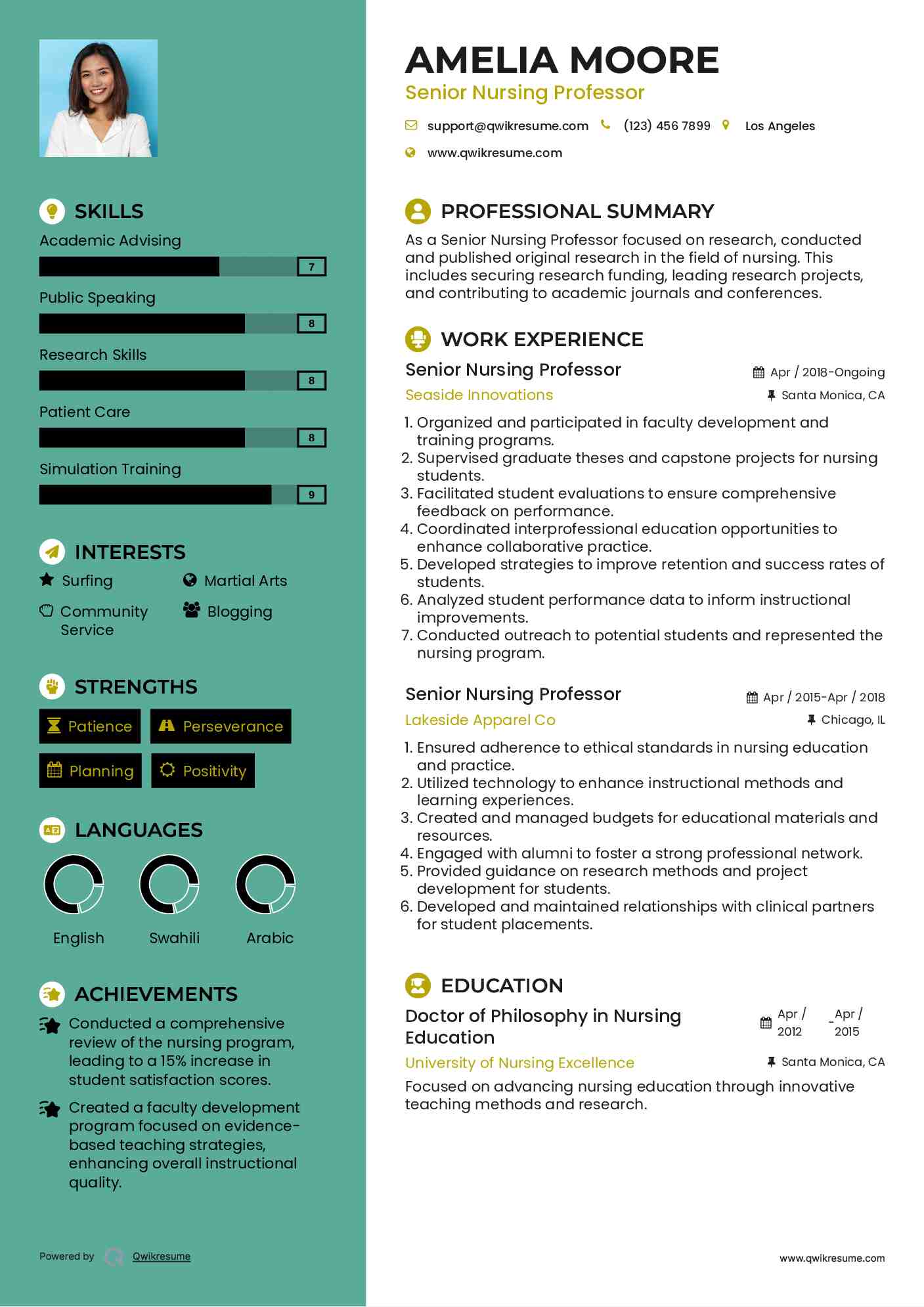Senior Nursing Professor Resume Example