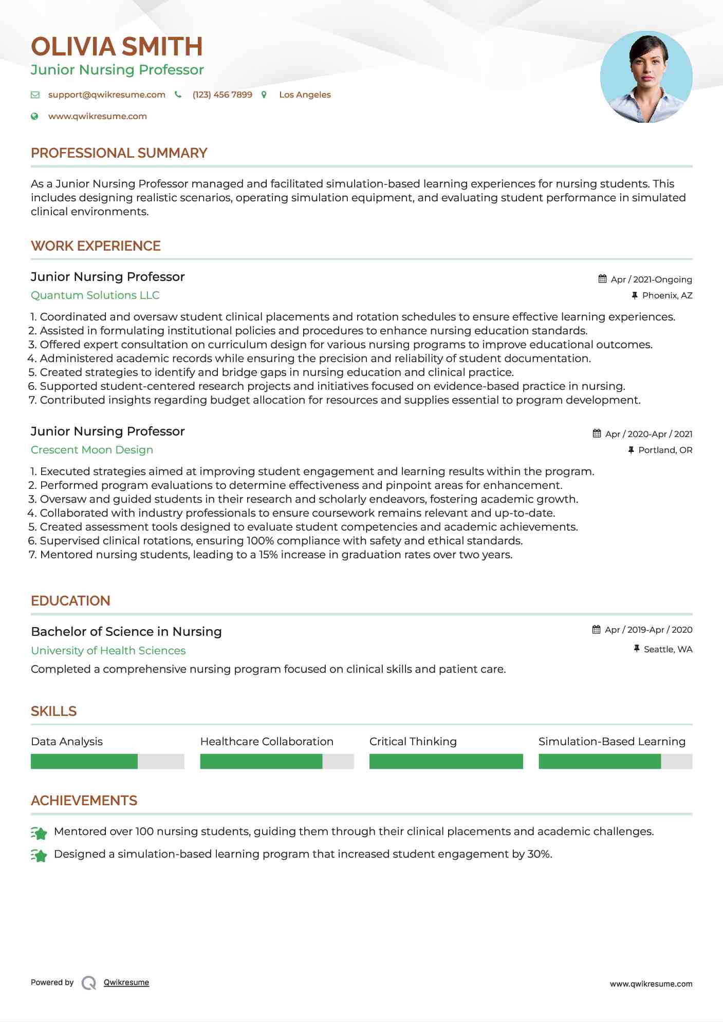 Junior Nursing Professor Resume Format