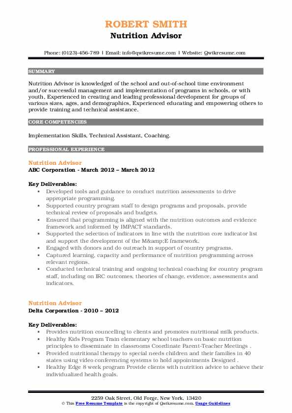 Nutrition Advisor Resume Samples QwikResume