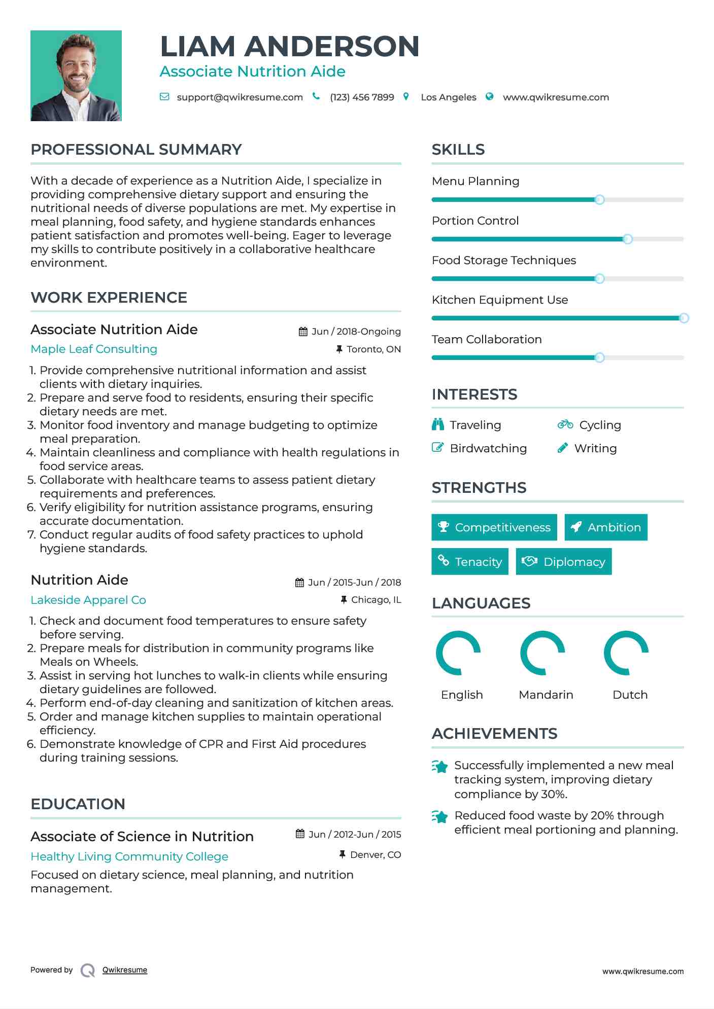 Associate Nutrition Aide Resume Example