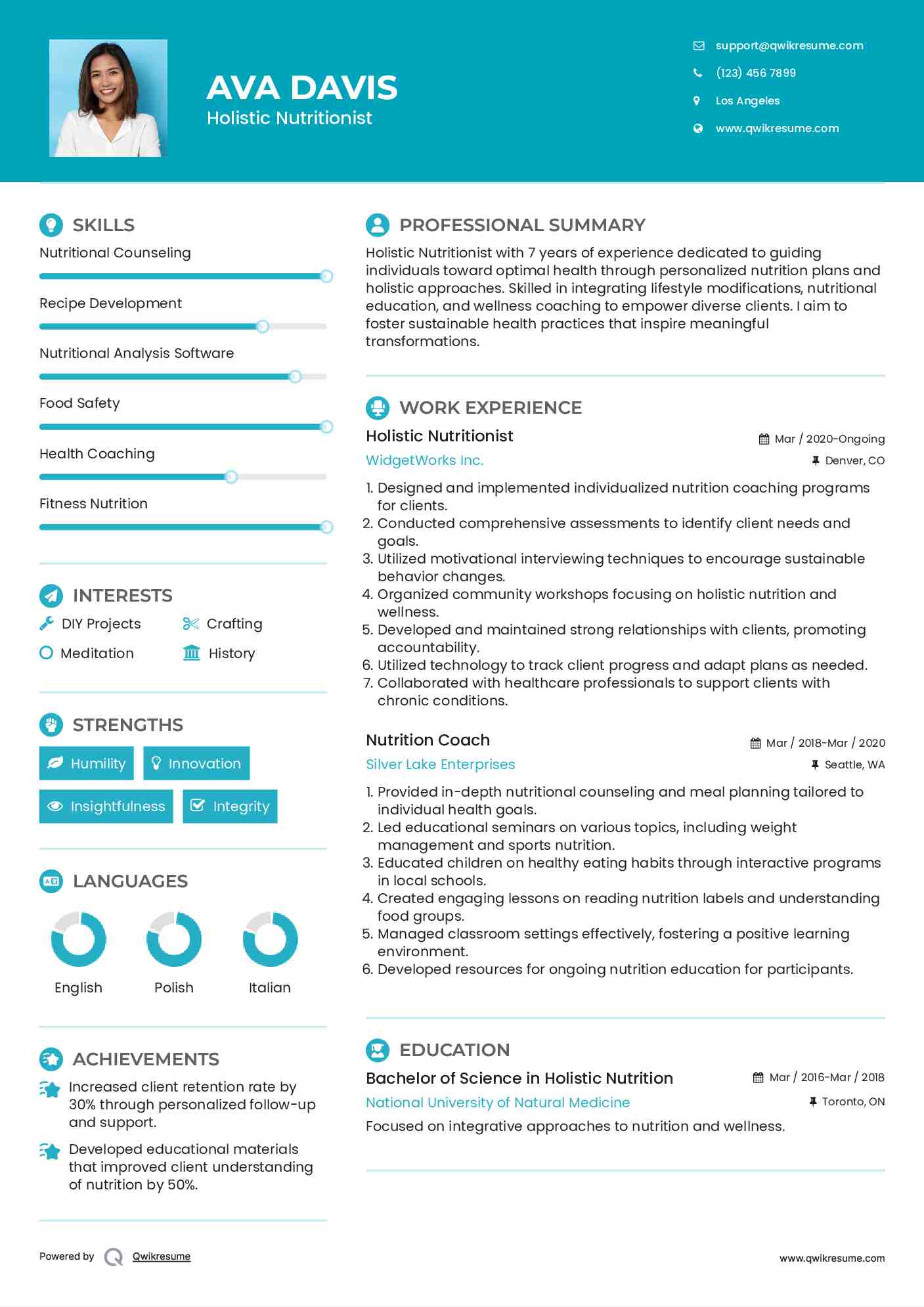 Holistic Nutritionist Resume Sample