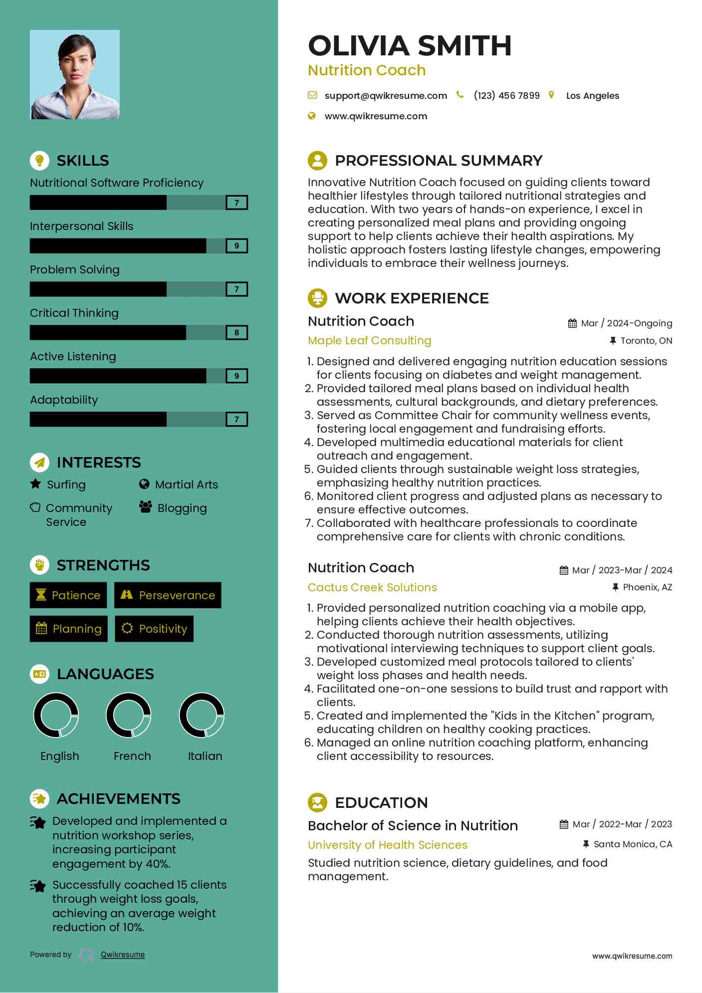 Nutrition Coach Resume Sample