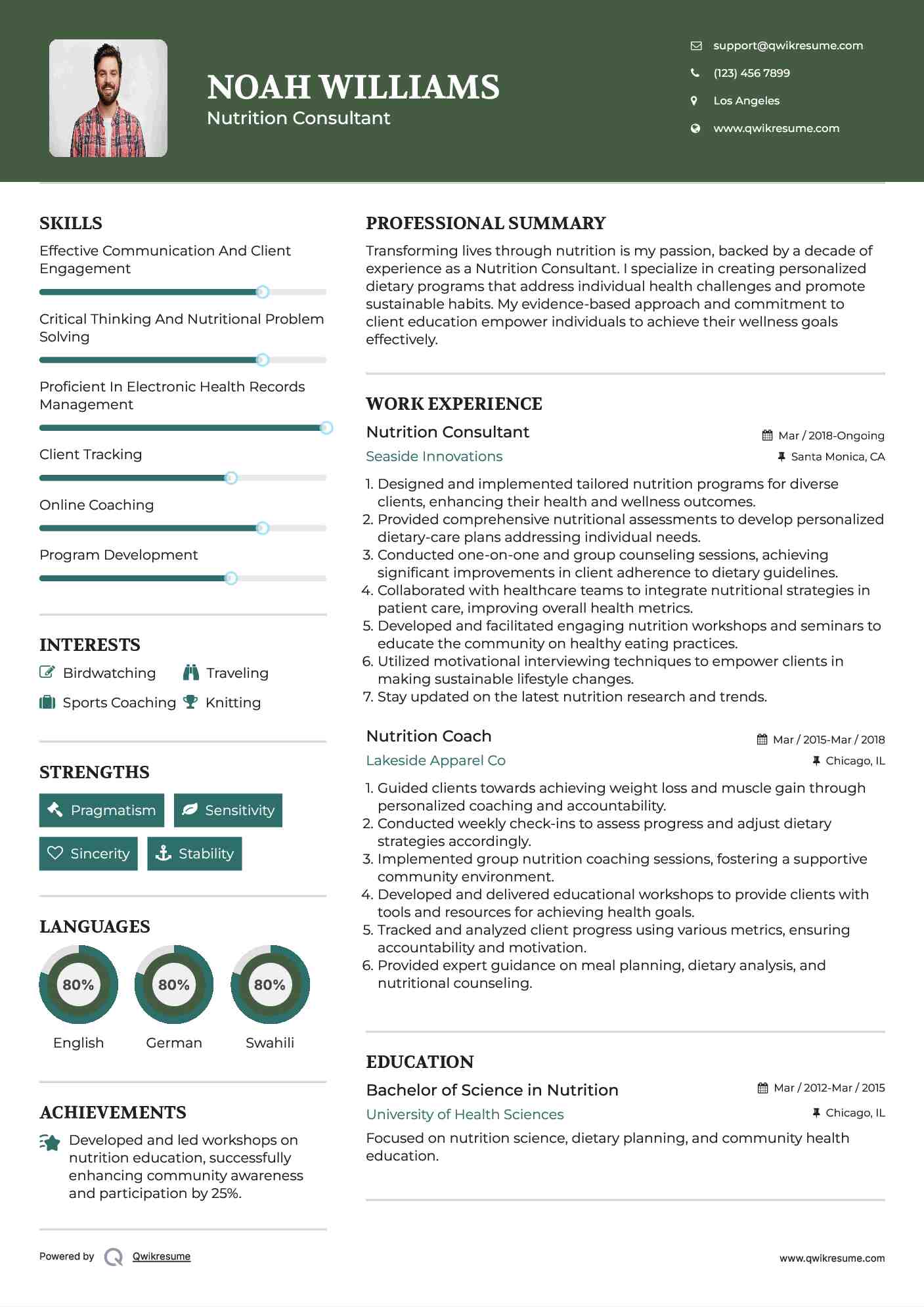 Nutrition Consultant Resume Format