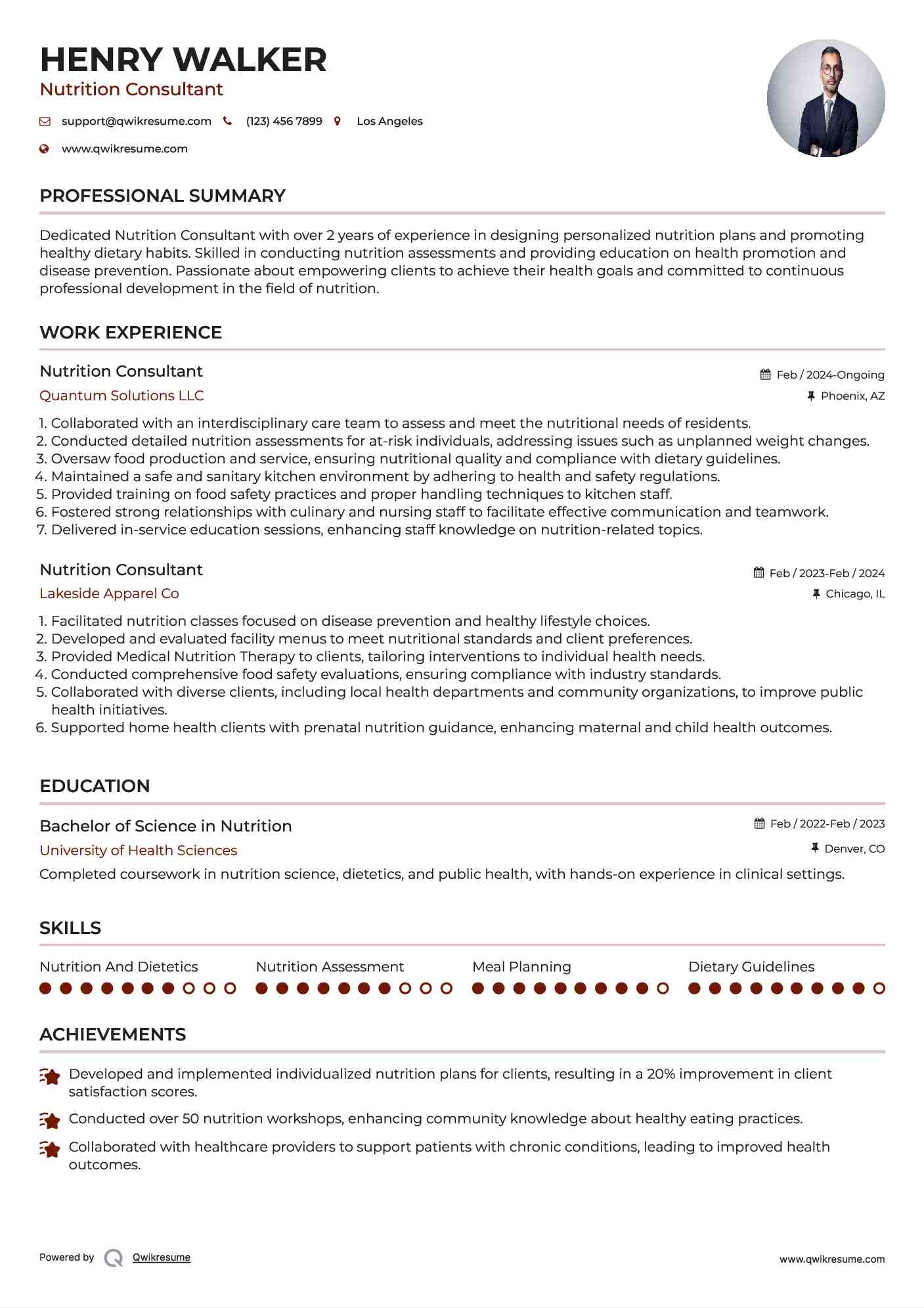 Nutrition Consultant Resume Model