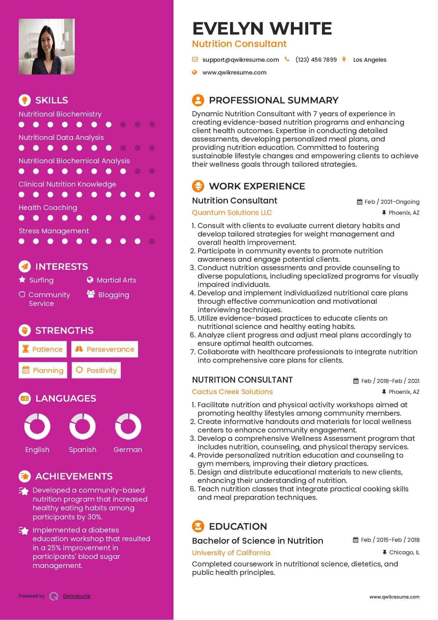 Nutrition Consultant Resume Example