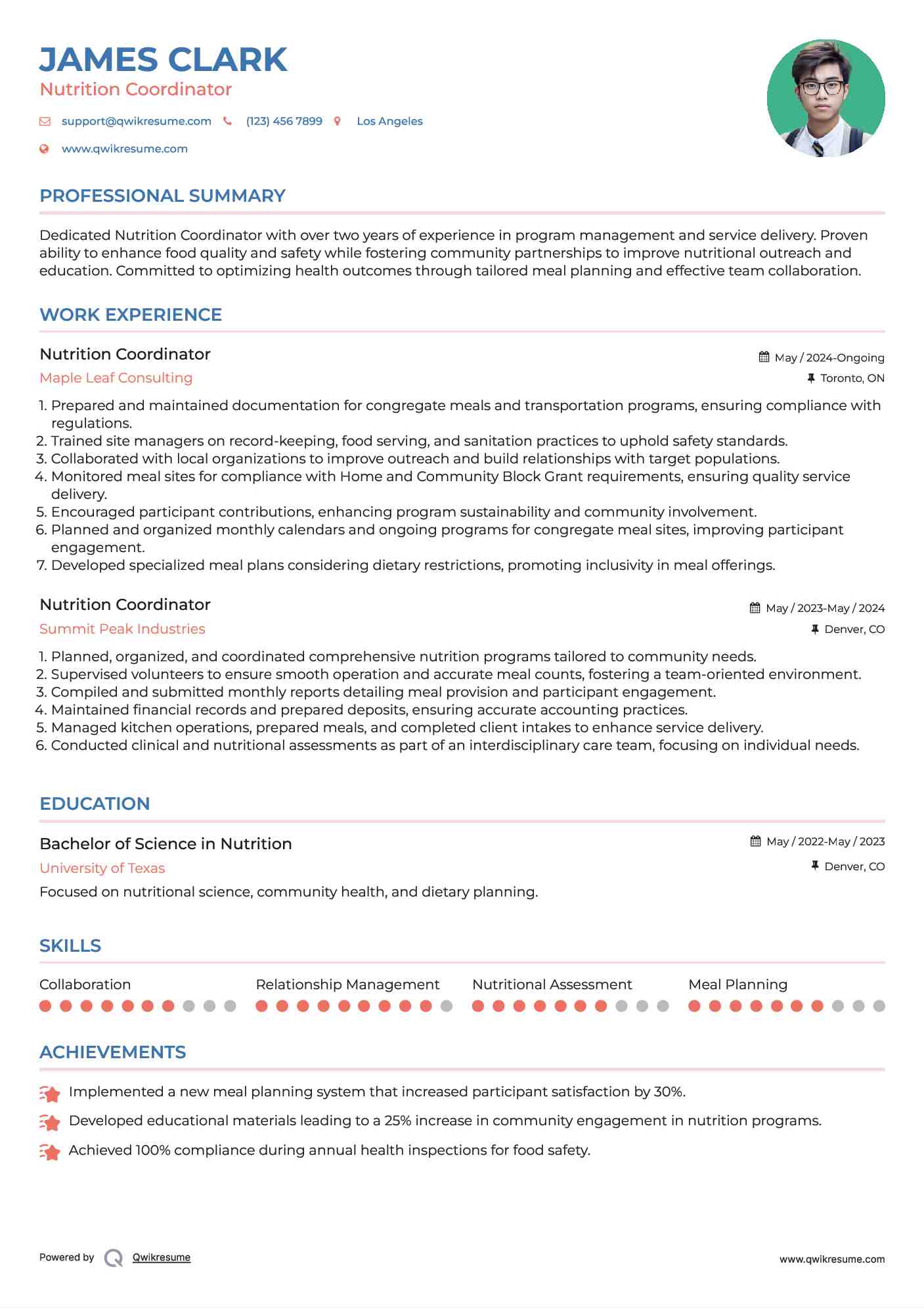 Nutrition Coordinator Resume Model