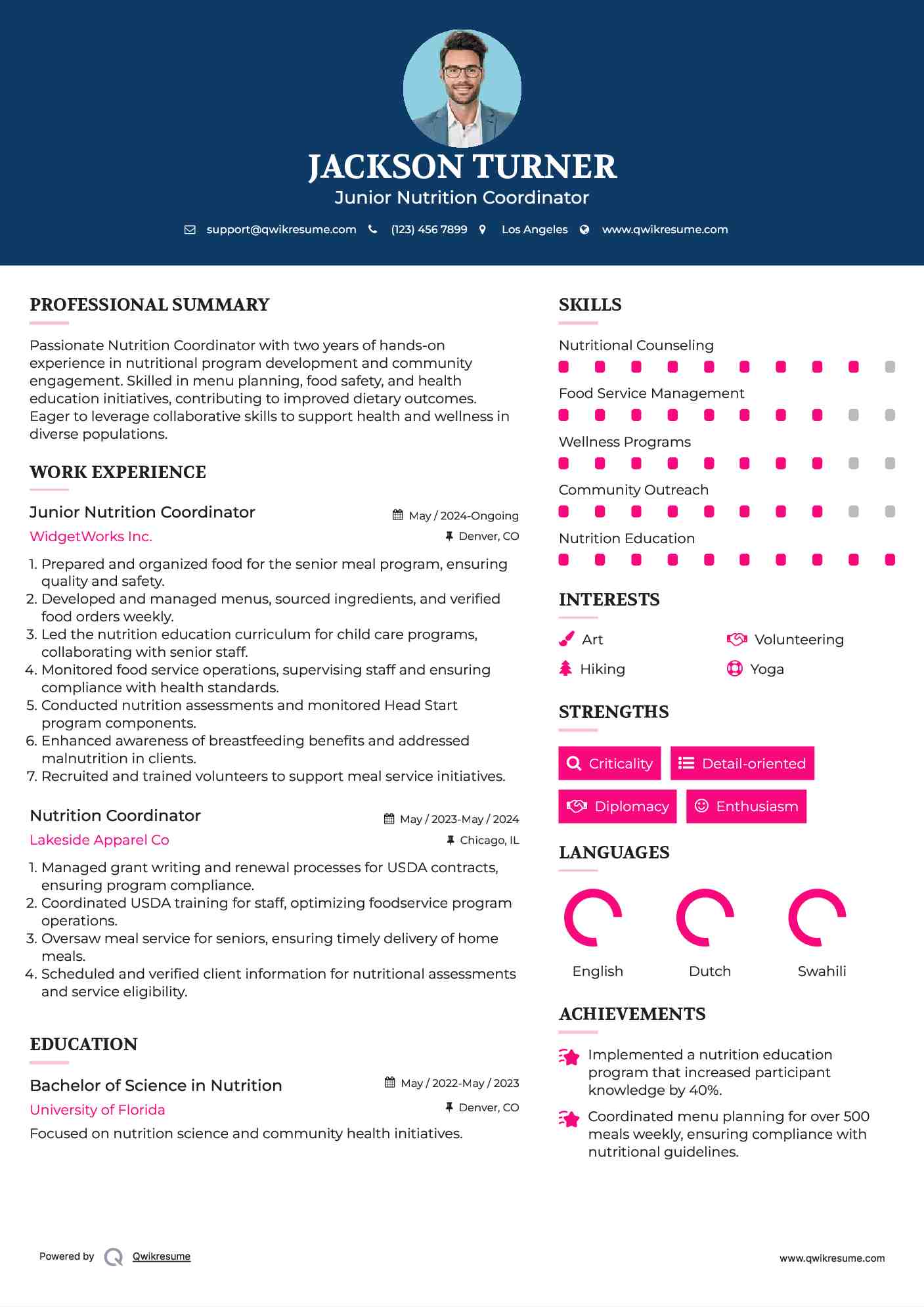 Junior Nutrition Coordinator Resume Format
