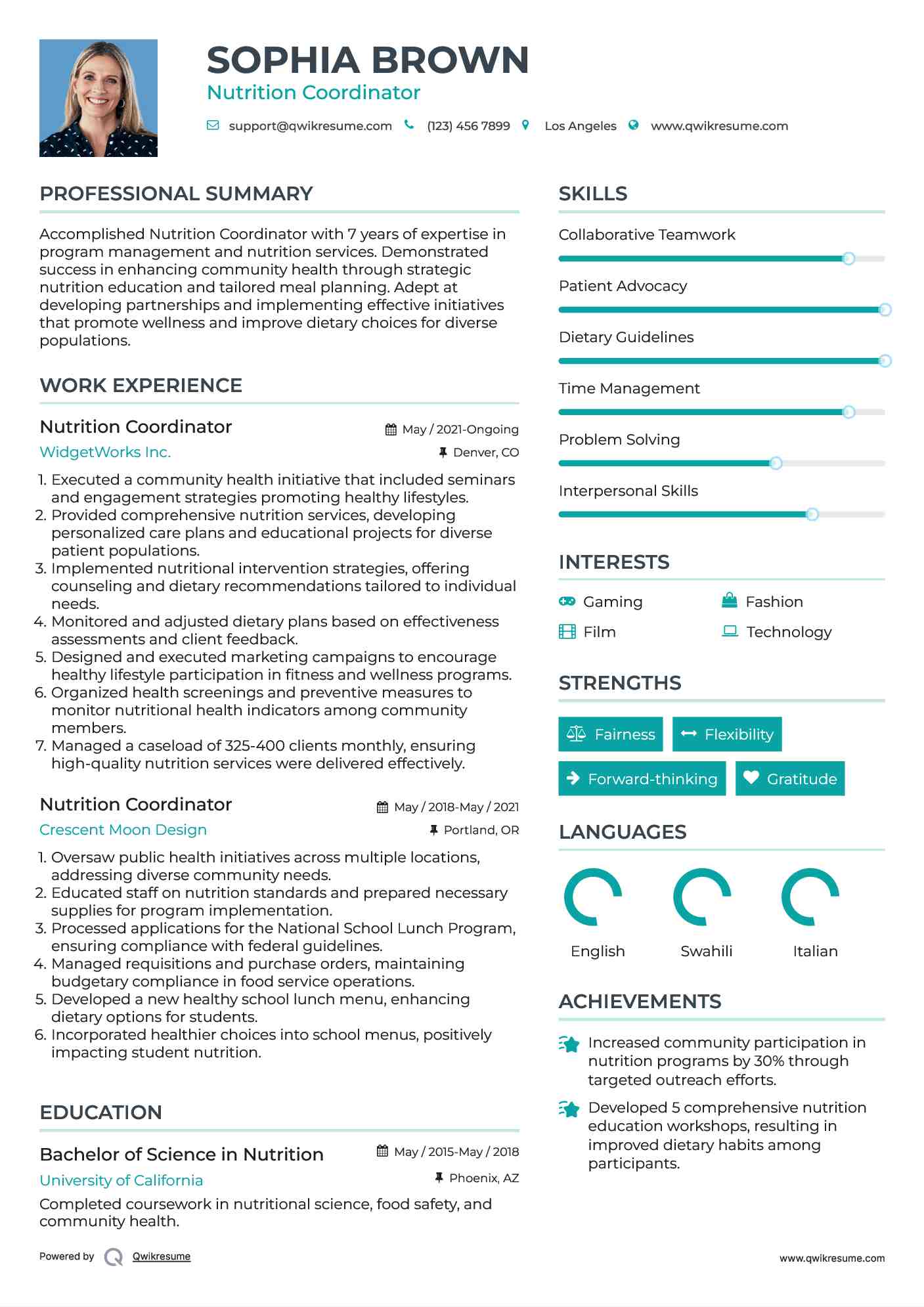 Nutrition Coordinator Resume Format