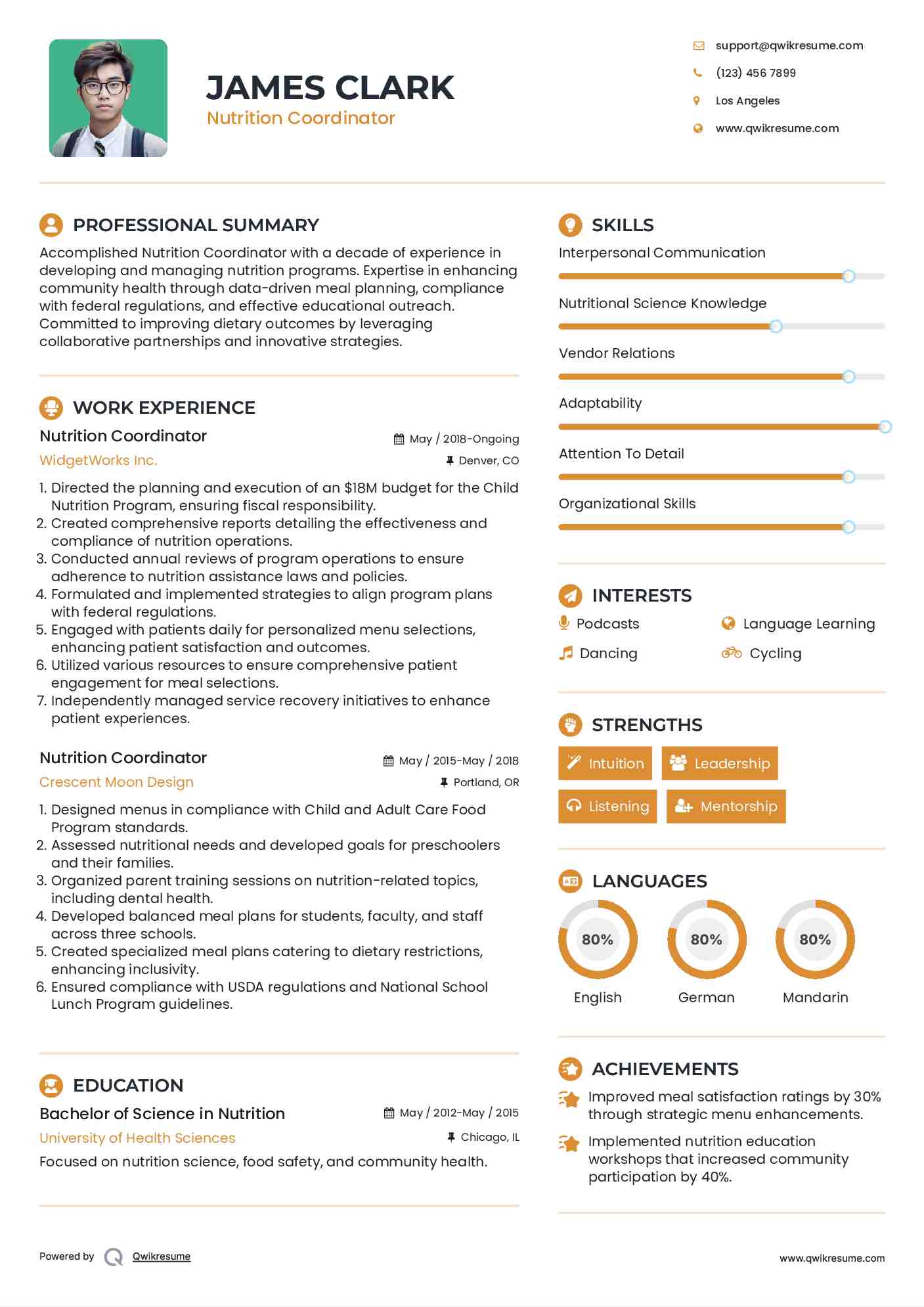 Nutrition Coordinator Resume Example