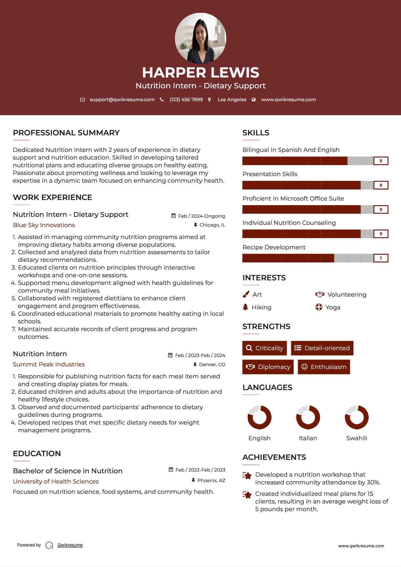 Nutrition Intern - Dietary Support Resume Example