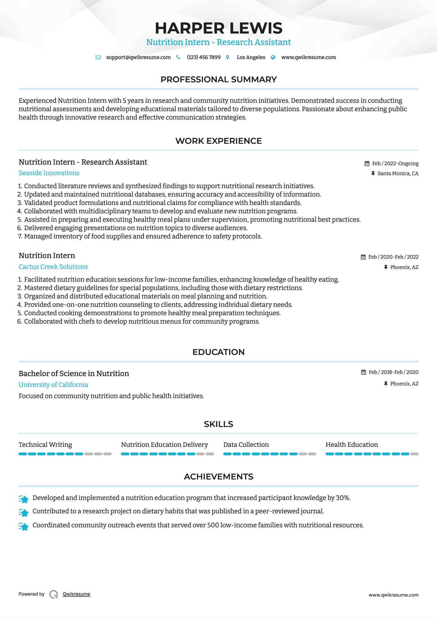 Nutrition Intern - Research Assistant Resume Example
