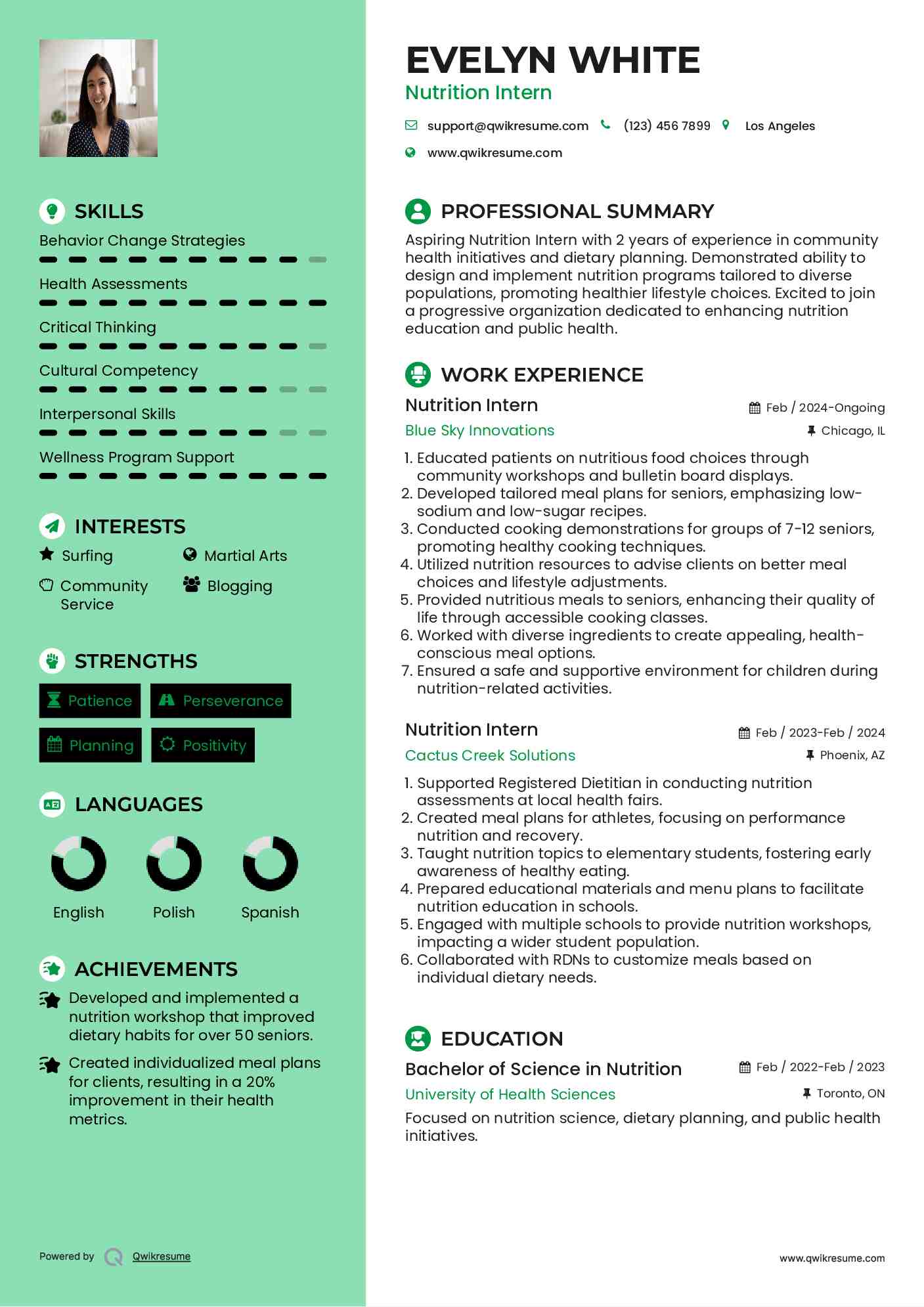 Nutrition Intern Resume Sample