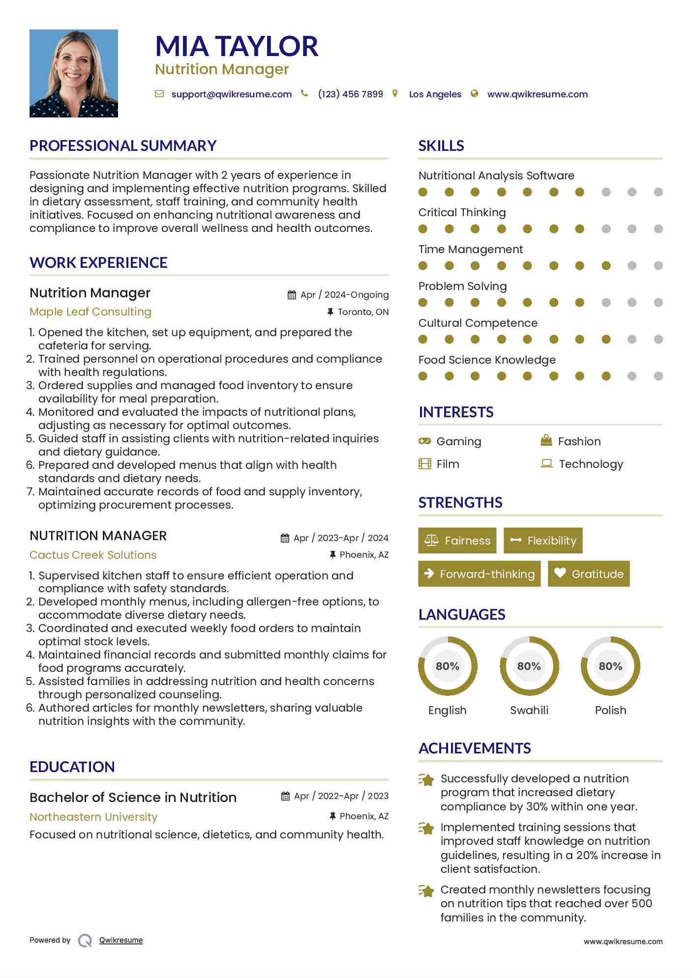 Nutrition Manager Resume Sample