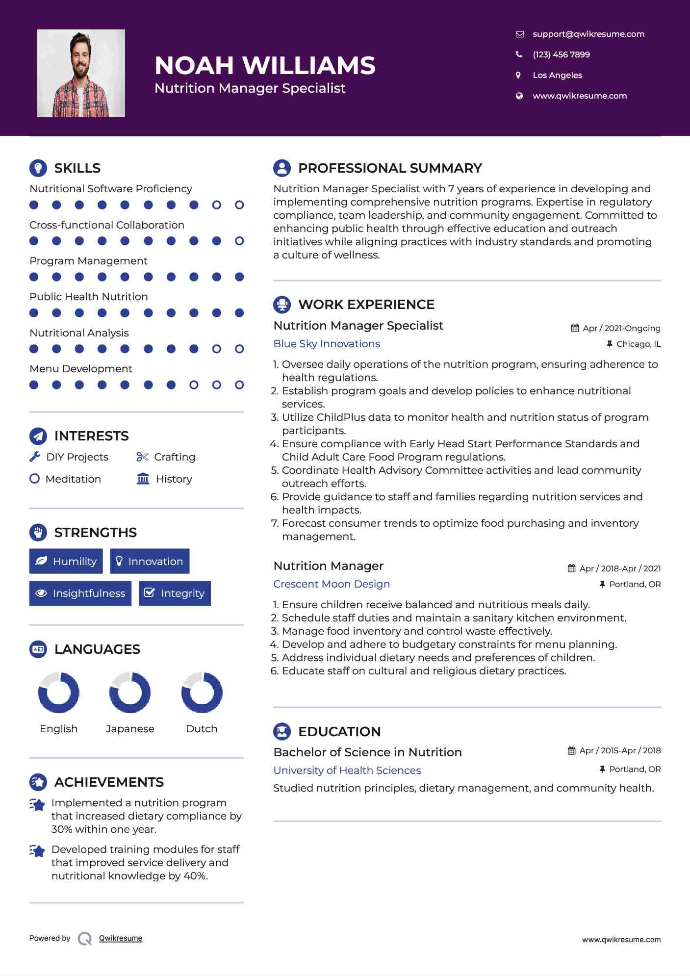 Nutrition Manager Specialist Resume Template