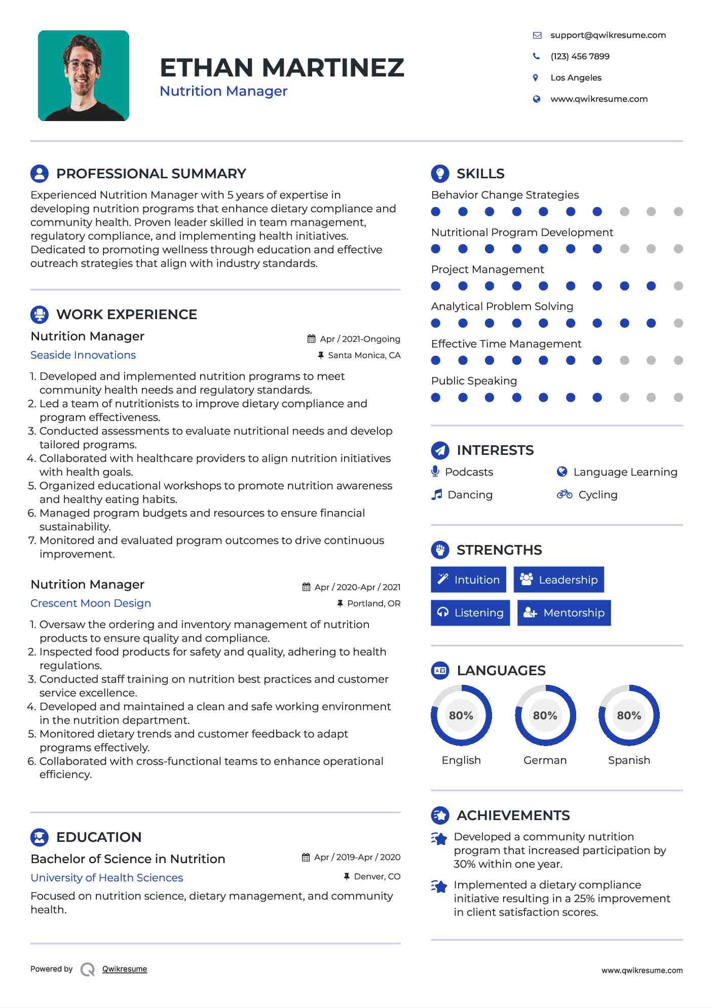Nutrition Manager Resume Template