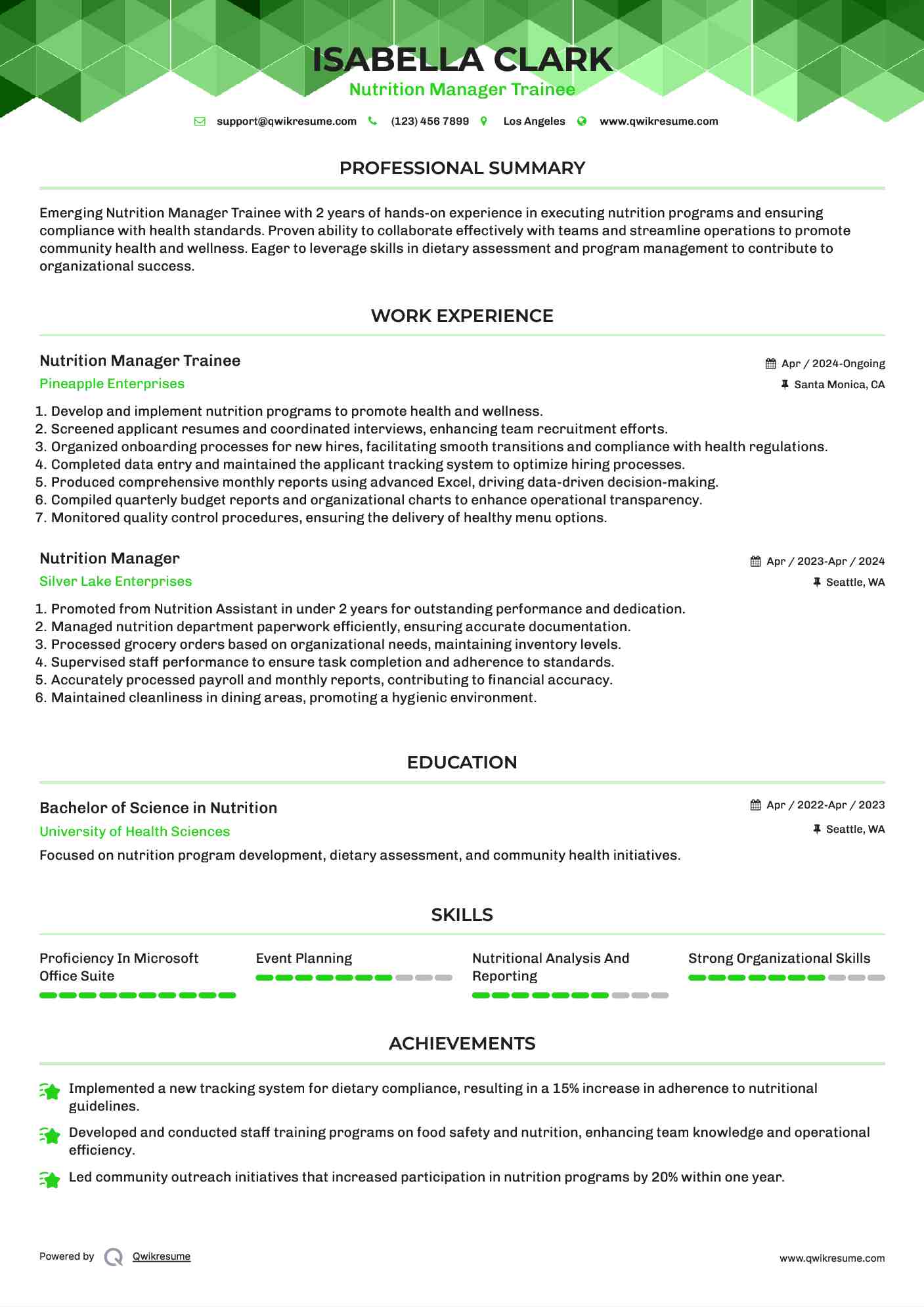 Nutrition Manager Trainee Resume Format