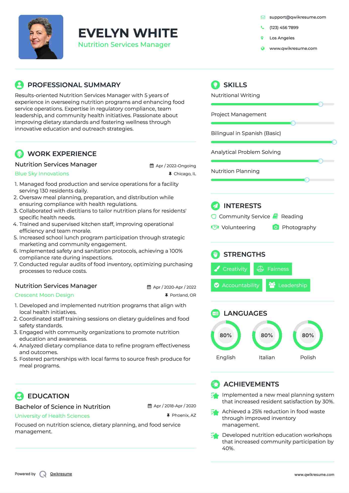 Nutrition Services Manager Resume Model