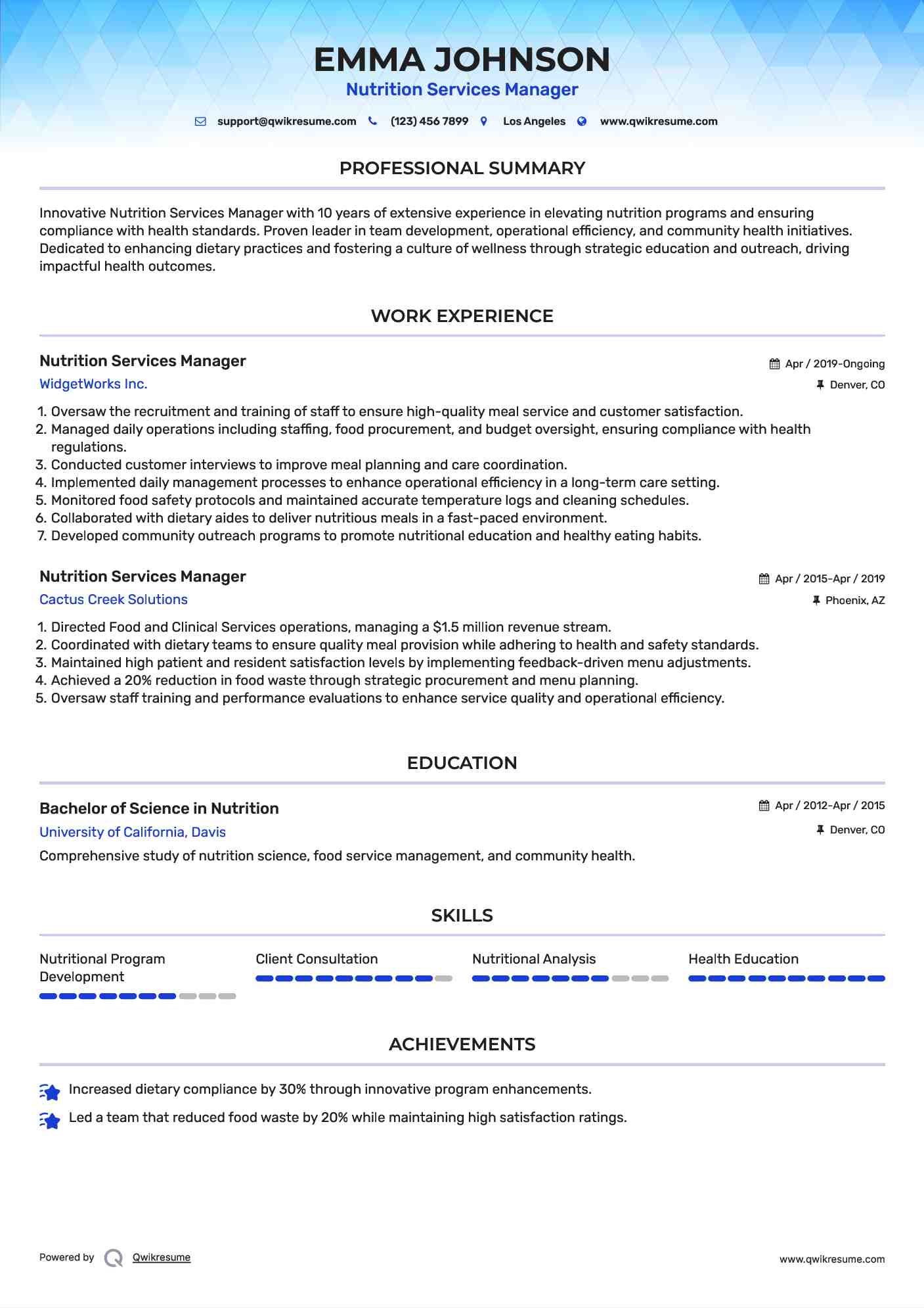 Nutrition Services Manager Resume Format