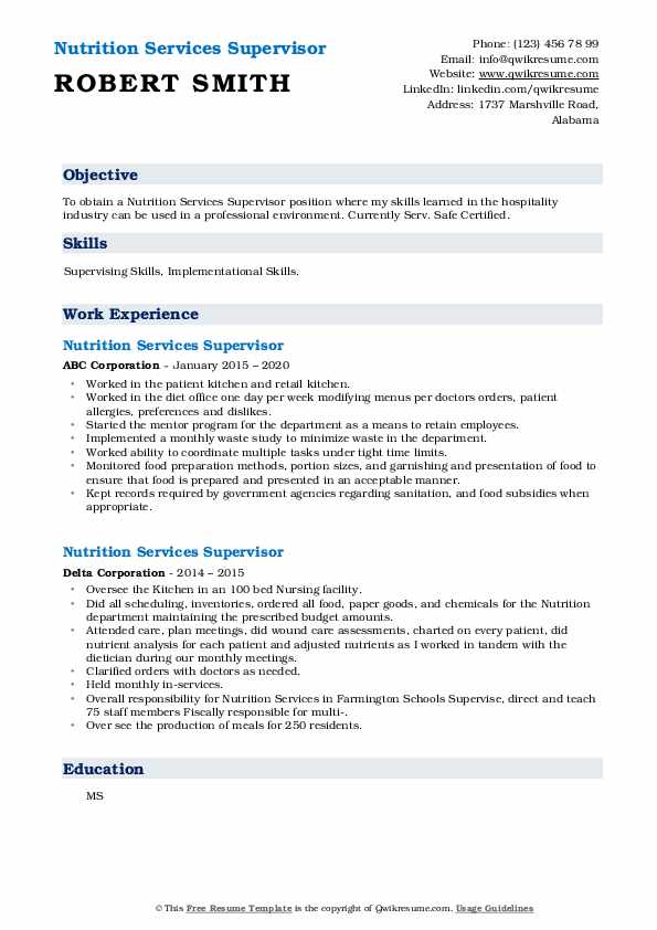Nutrition Services Supervisor Resume Samples QwikResume