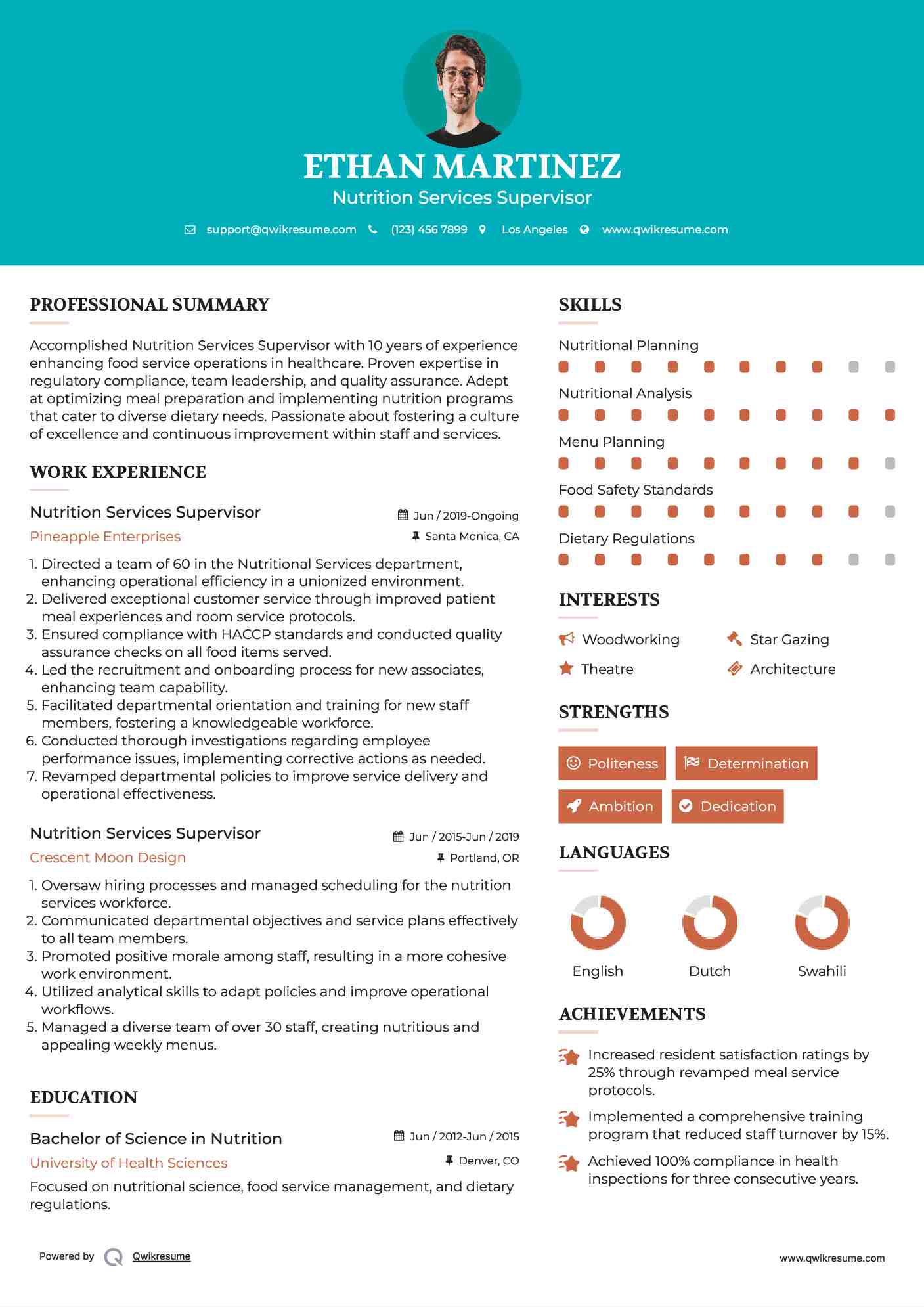 Nutrition Services Supervisor Resume Example