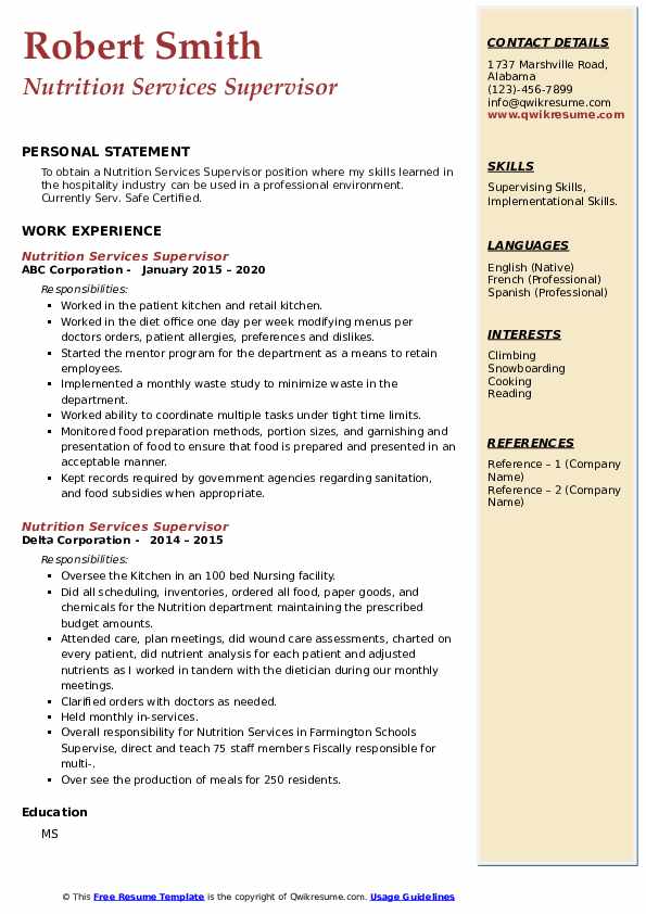 Nutrition Services Supervisor Resume Samples QwikResume