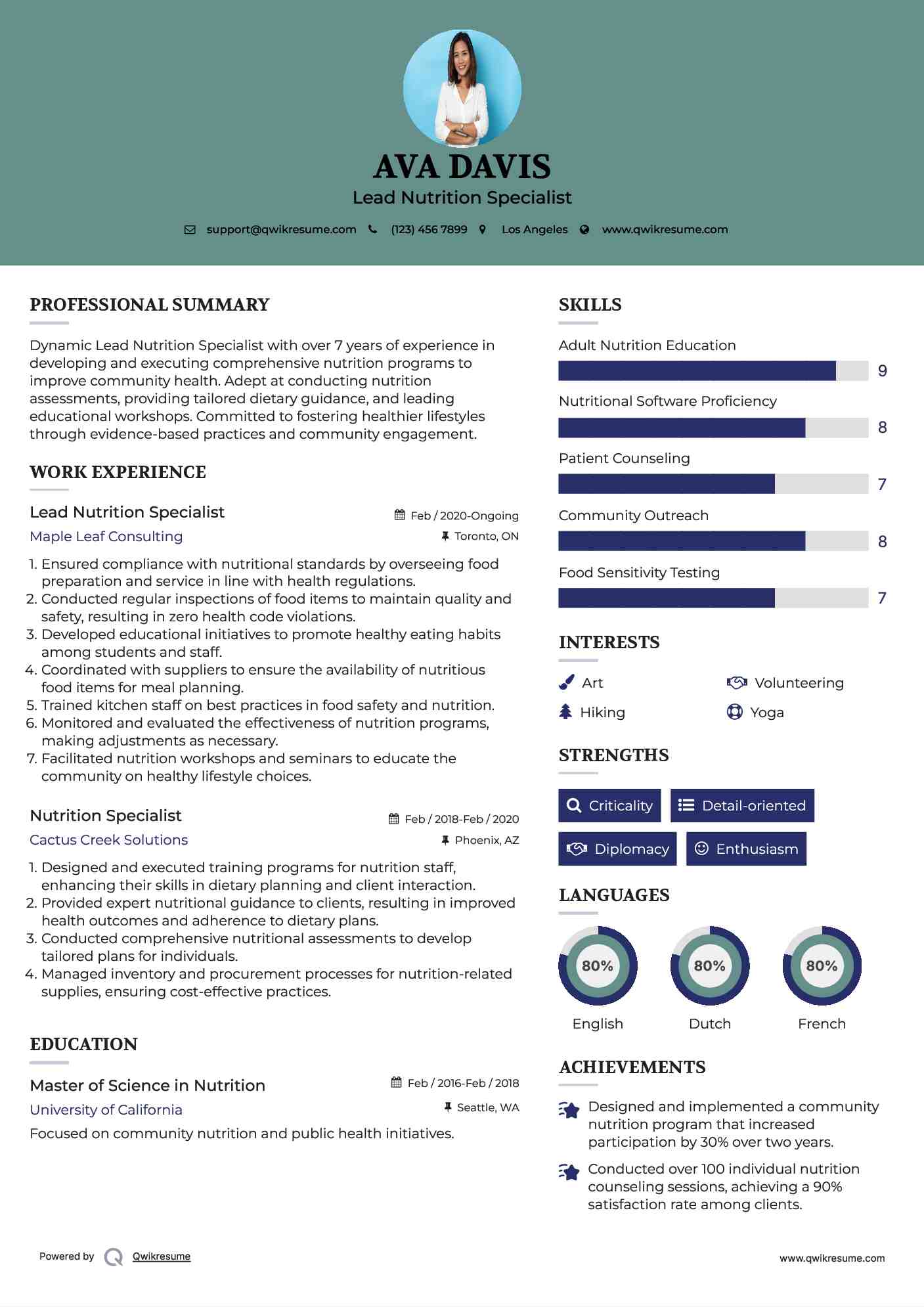 Lead Nutrition Specialist Resume Format